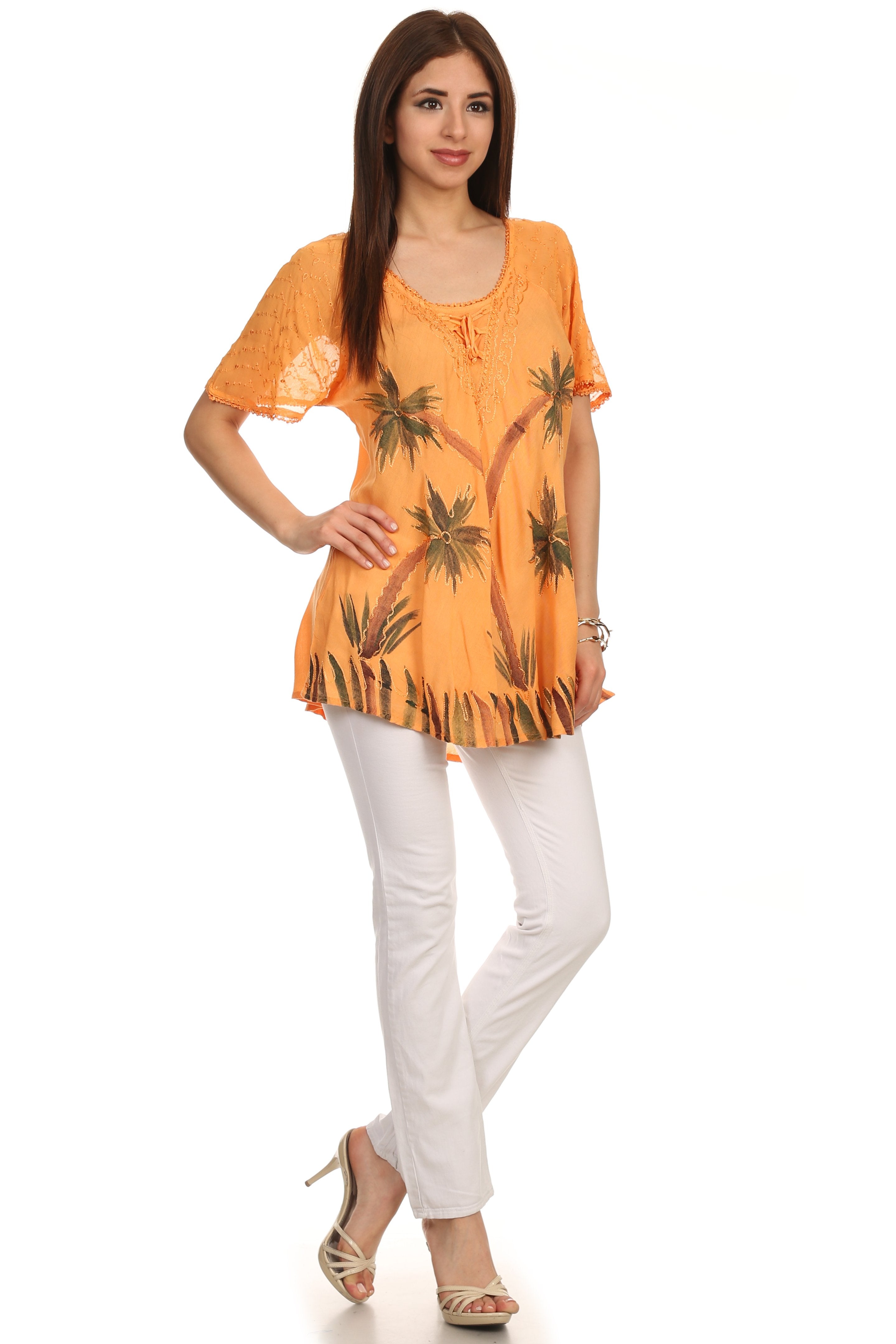 Sakkas - Albina Island Relaxed Fit Embroidery Cap Sleeves Blouse