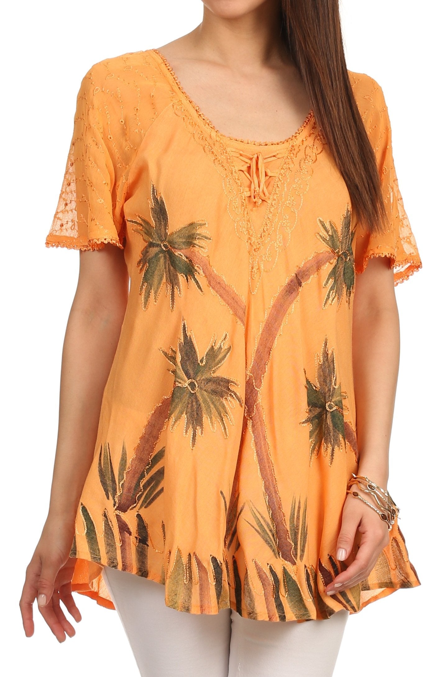 Sakkas - Albina Island Relaxed Fit Embroidery Cap Sleeves Blouse