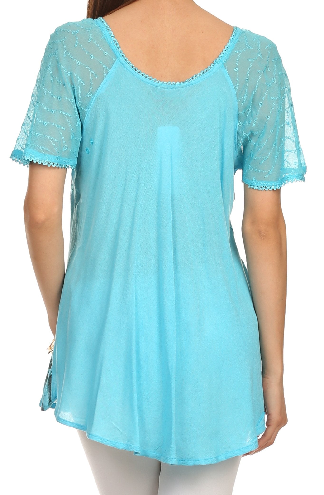 Sakkas - Albina Island Relaxed Fit Embroidery Cap Sleeves Blouse