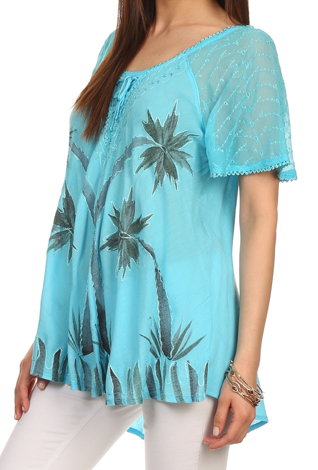 Sakkas - Albina Island Relaxed Fit Embroidery Cap Sleeves Blouse