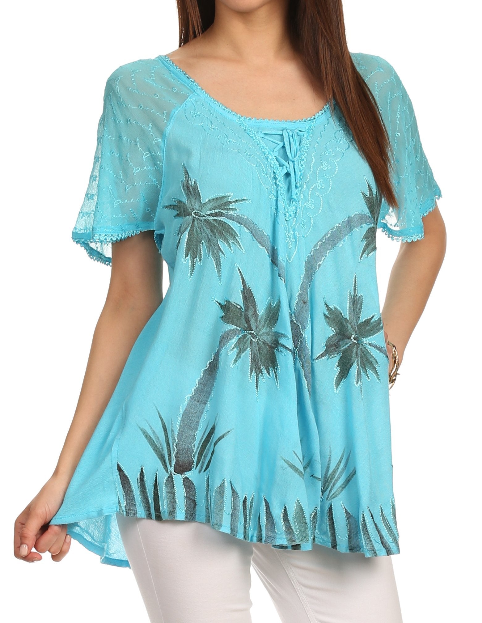 Sakkas - Albina Island Relaxed Fit Embroidery Cap Sleeves Blouse
