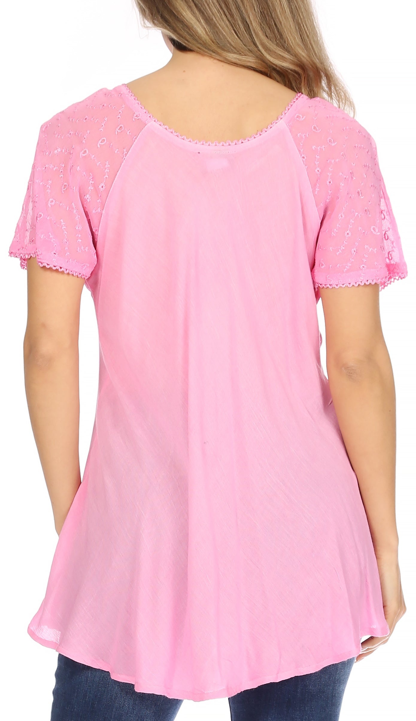 Sakkas - Albina Island Relaxed Fit Embroidery Cap Sleeves Blouse