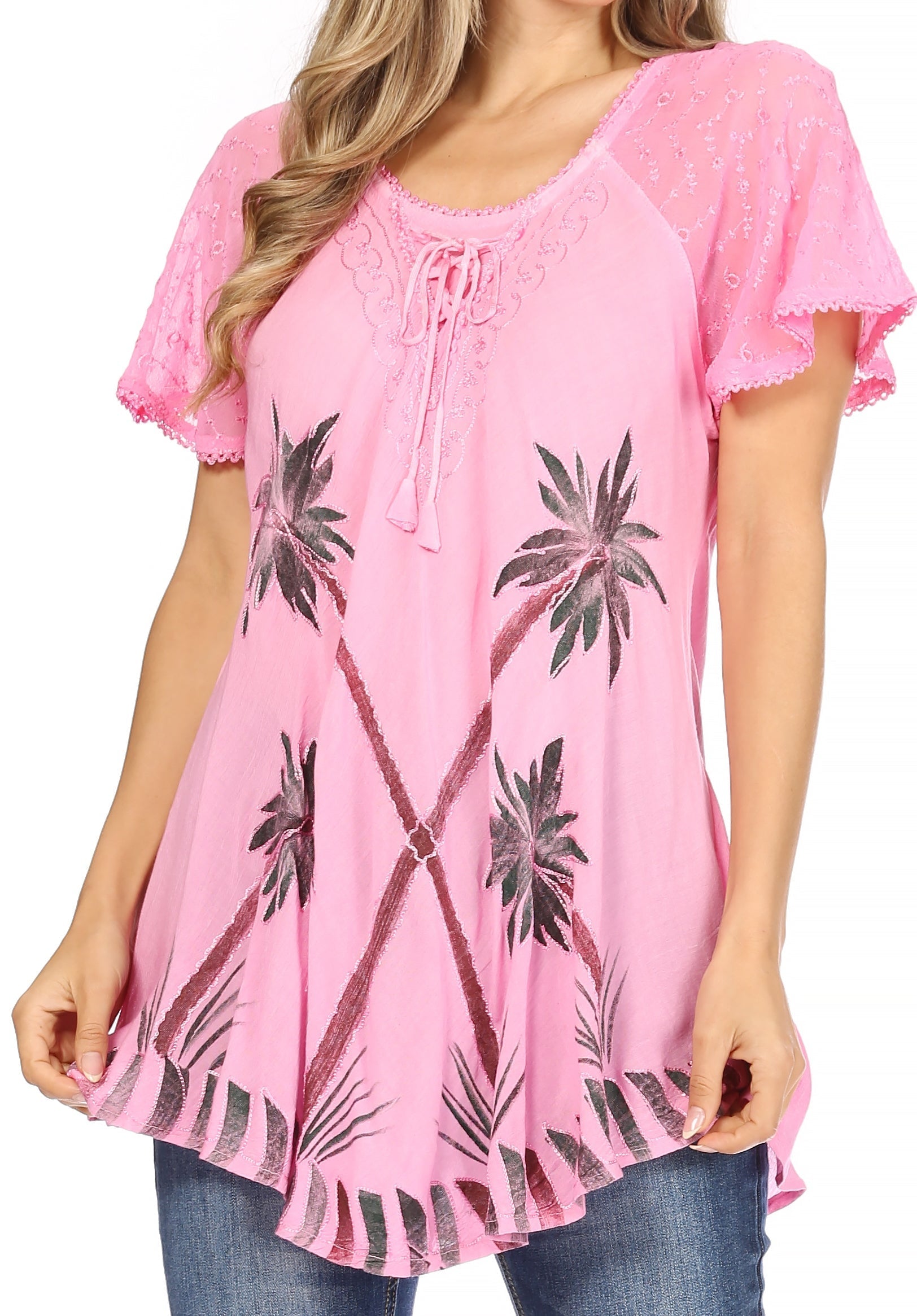 Sakkas - Albina Island Relaxed Fit Embroidery Cap Sleeves Blouse