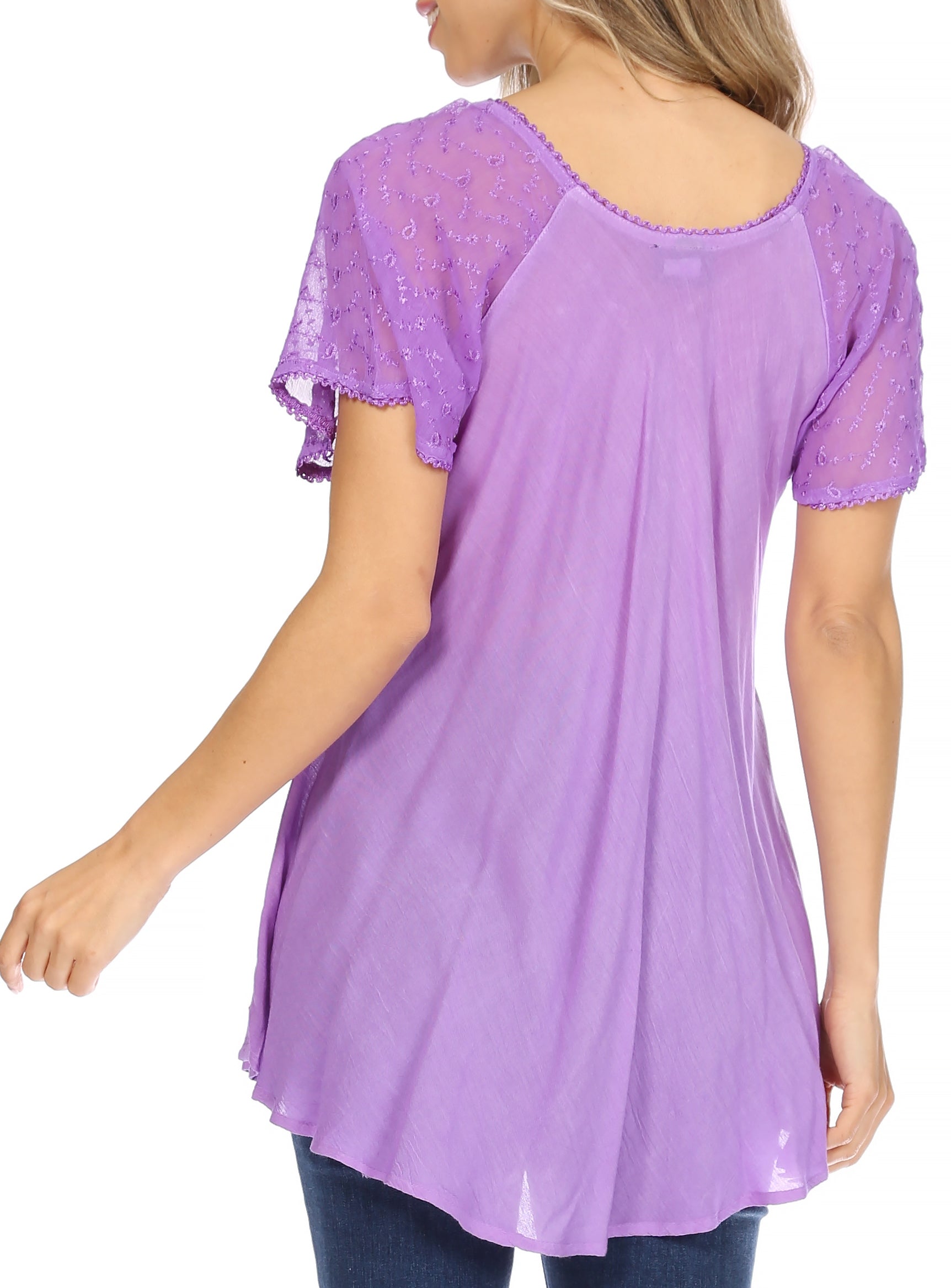 Sakkas - Albina Island Relaxed Fit Embroidery Cap Sleeves Blouse