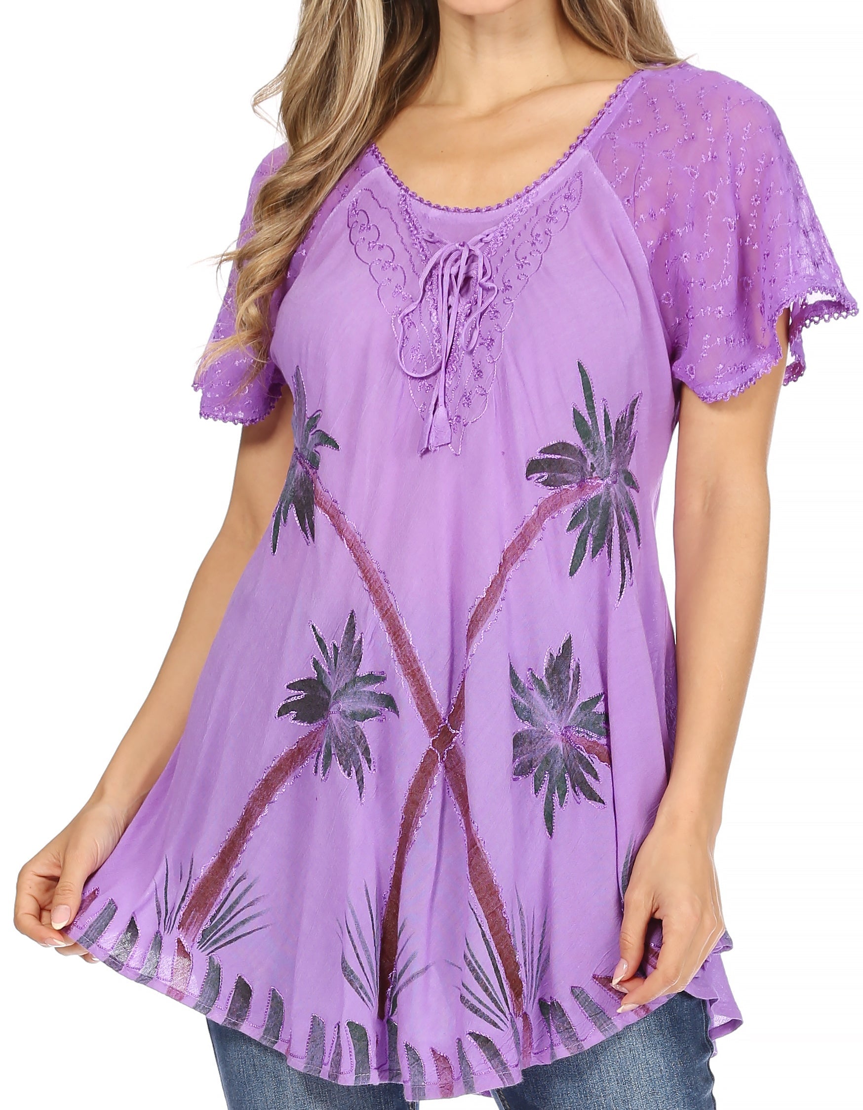Sakkas - Albina Island Relaxed Fit Embroidery Cap Sleeves Blouse