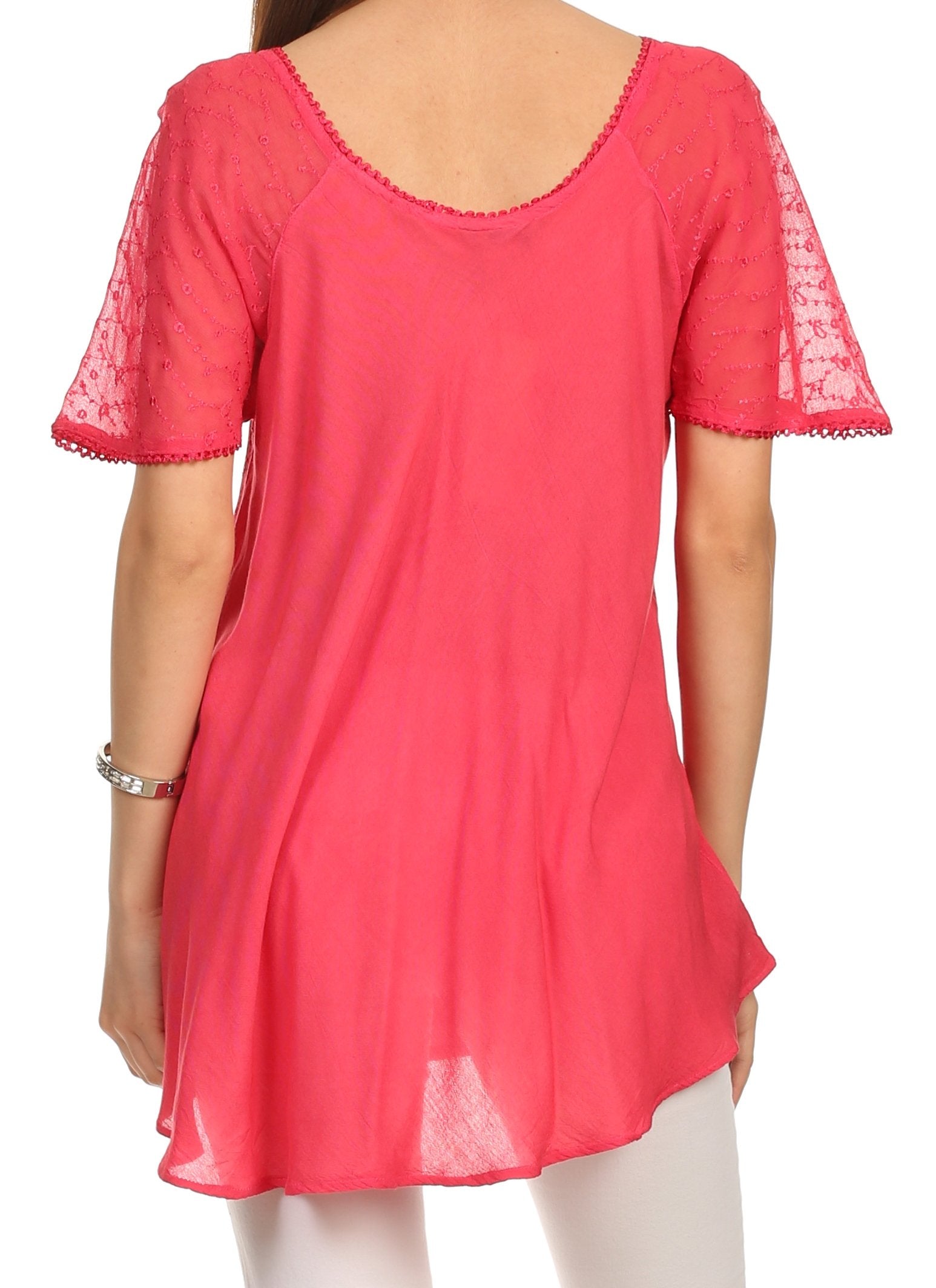 Sakkas - Albina Island Relaxed Fit Embroidery Cap Sleeves Blouse