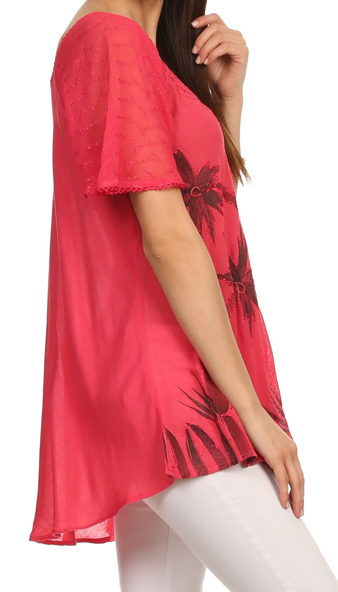 Sakkas - Albina Island Relaxed Fit Embroidery Cap Sleeves Blouse