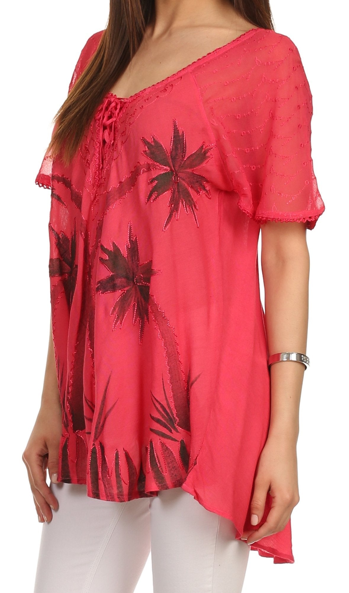 Sakkas - Albina Island Relaxed Fit Embroidery Cap Sleeves Blouse