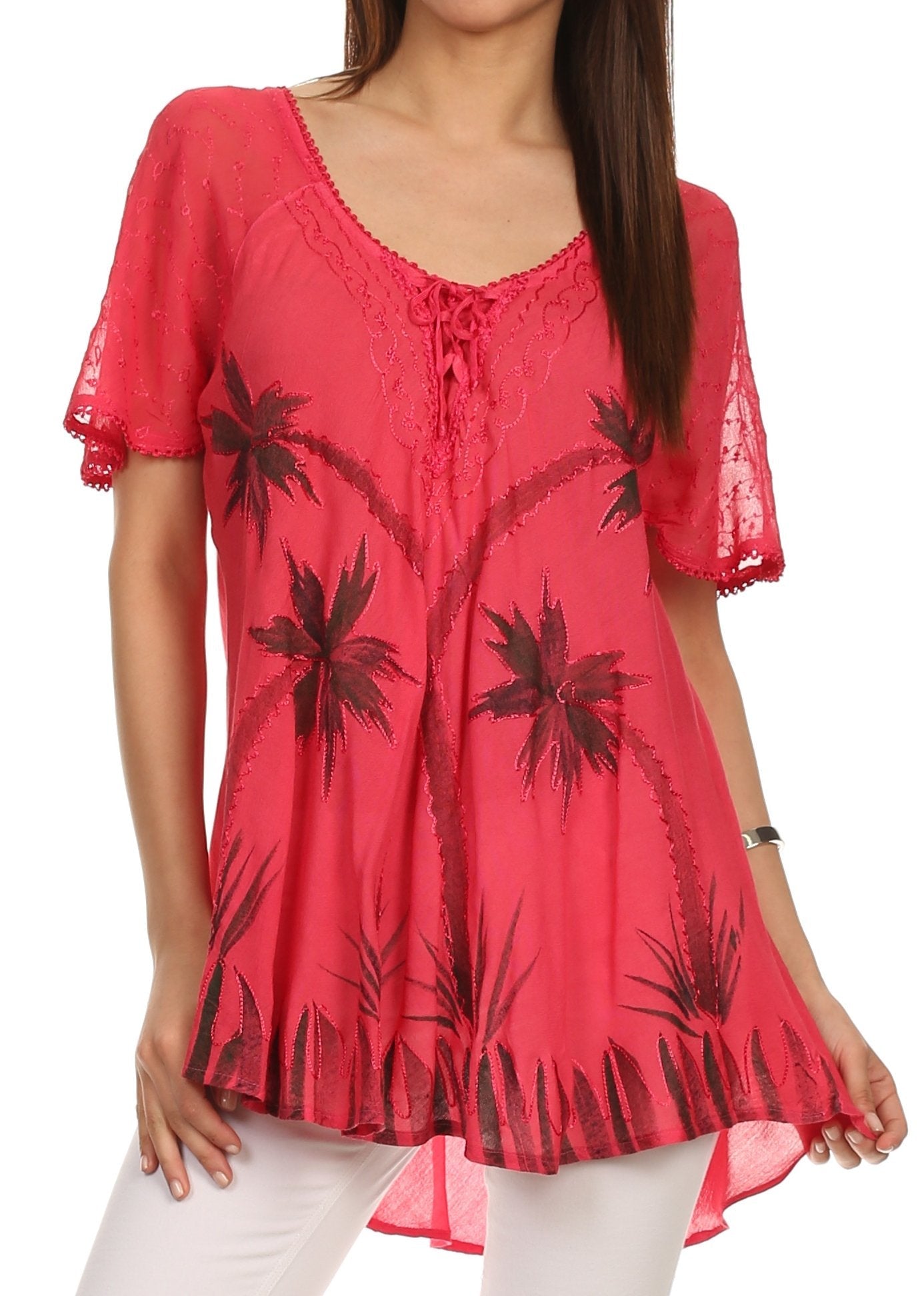 Sakkas - Albina Island Relaxed Fit Embroidery Cap Sleeves Blouse