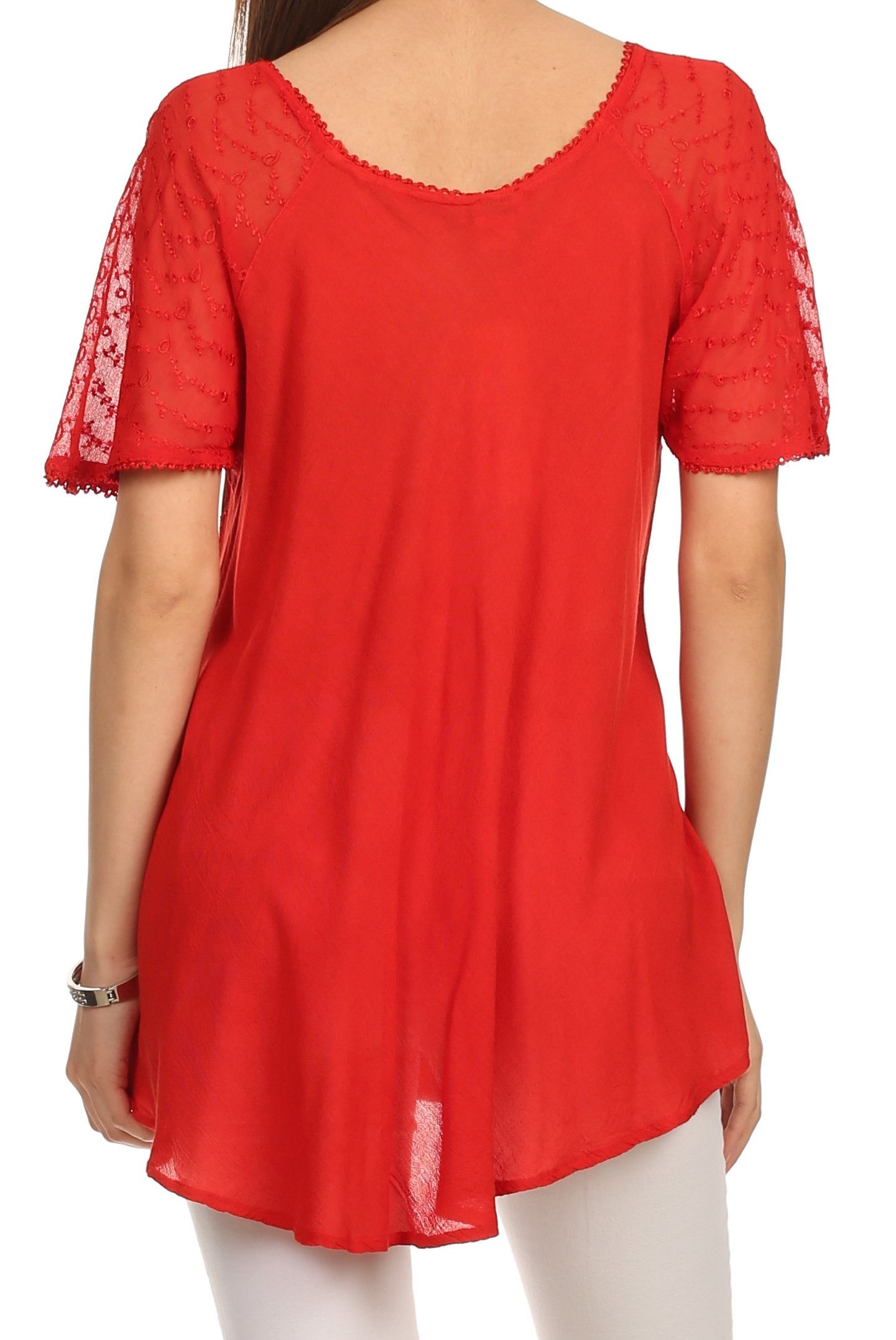 Sakkas - Albina Island Relaxed Fit Embroidery Cap Sleeves Blouse