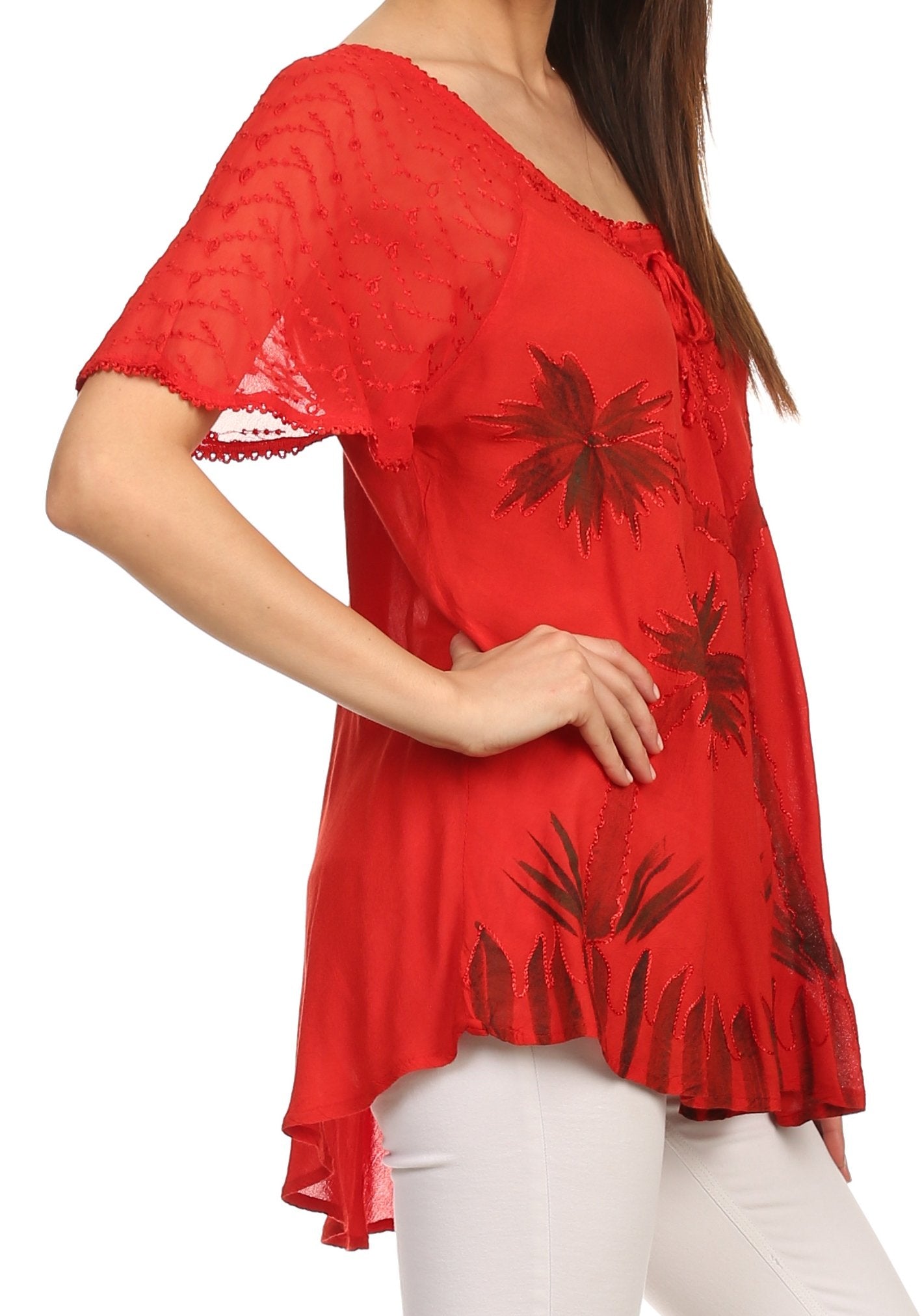 Sakkas - Albina Island Relaxed Fit Embroidery Cap Sleeves Blouse