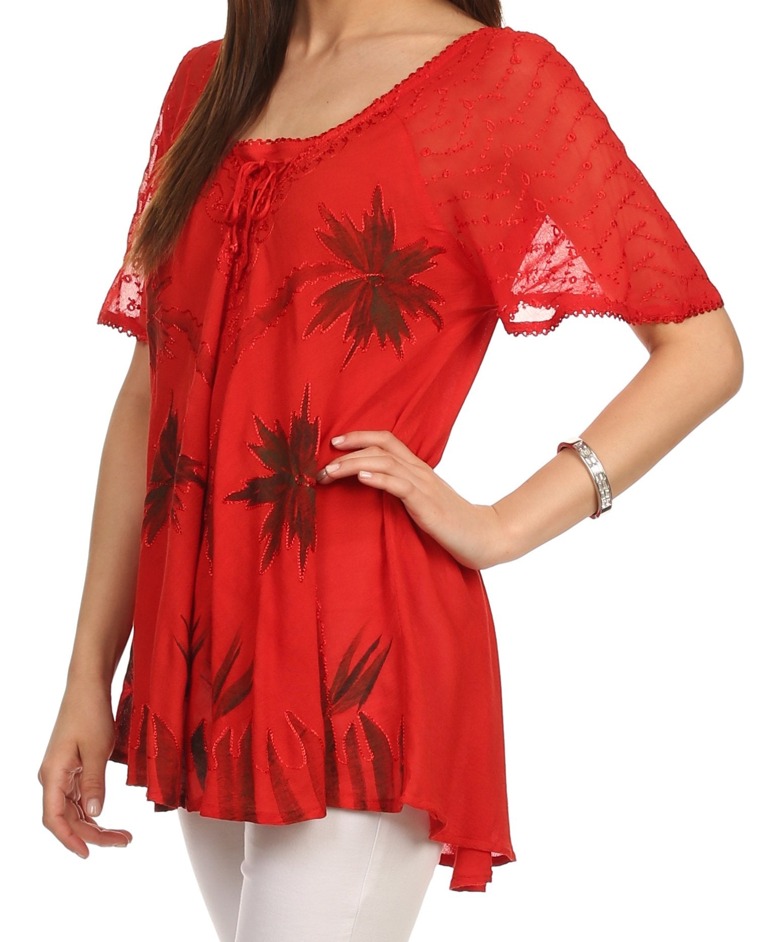 Sakkas - Albina Island Relaxed Fit Embroidery Cap Sleeves Blouse