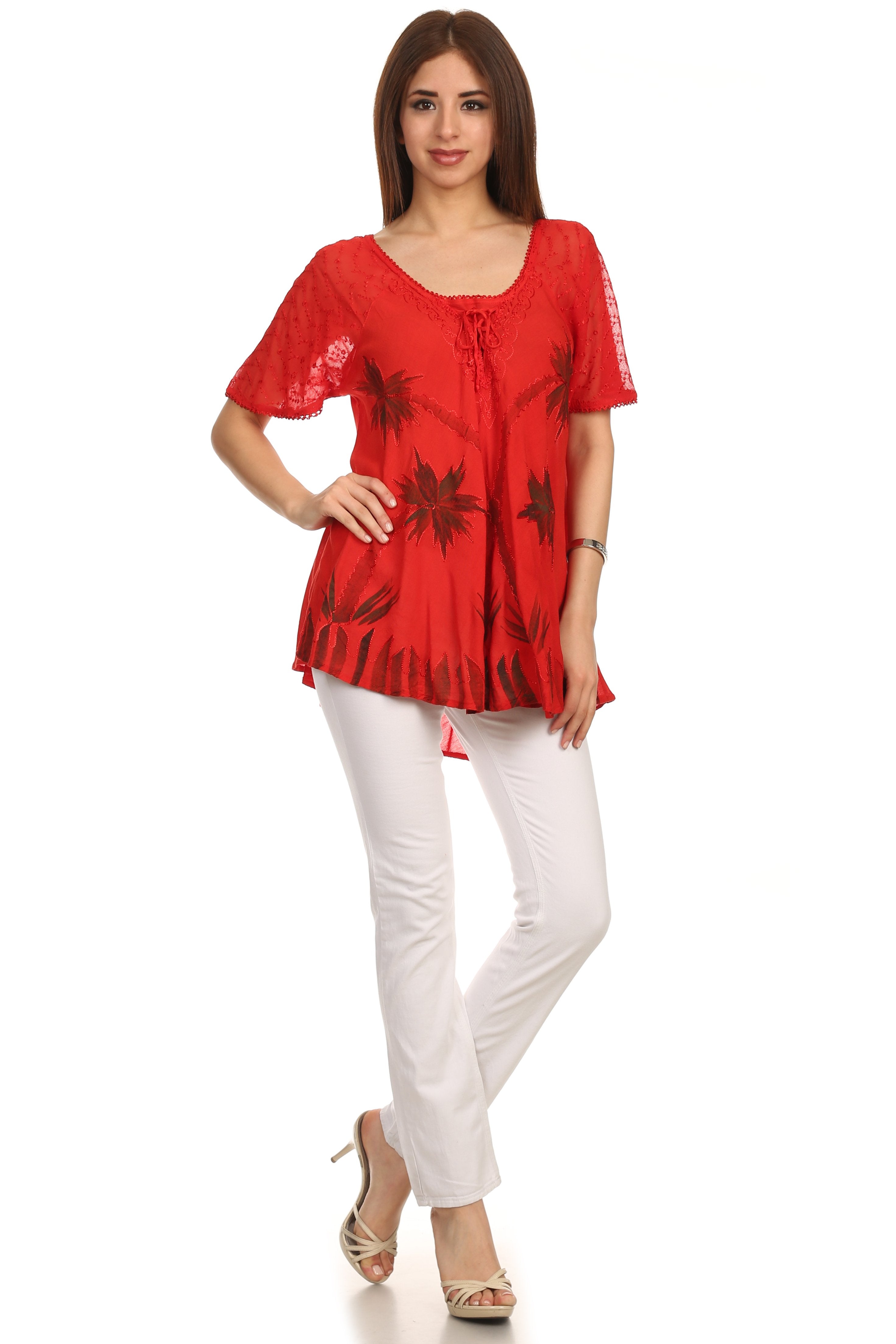 Sakkas - Albina Island Relaxed Fit Embroidery Cap Sleeves Blouse