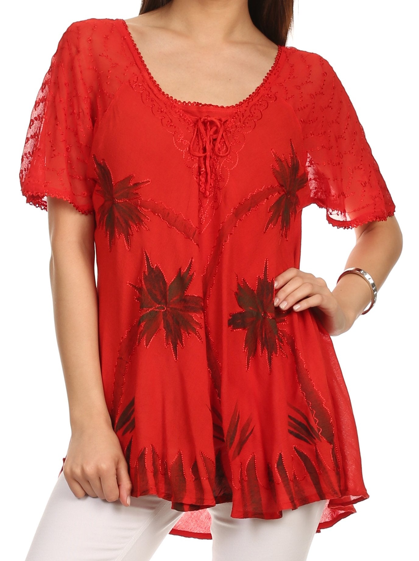 Sakkas - Albina Island Relaxed Fit Embroidery Cap Sleeves Blouse