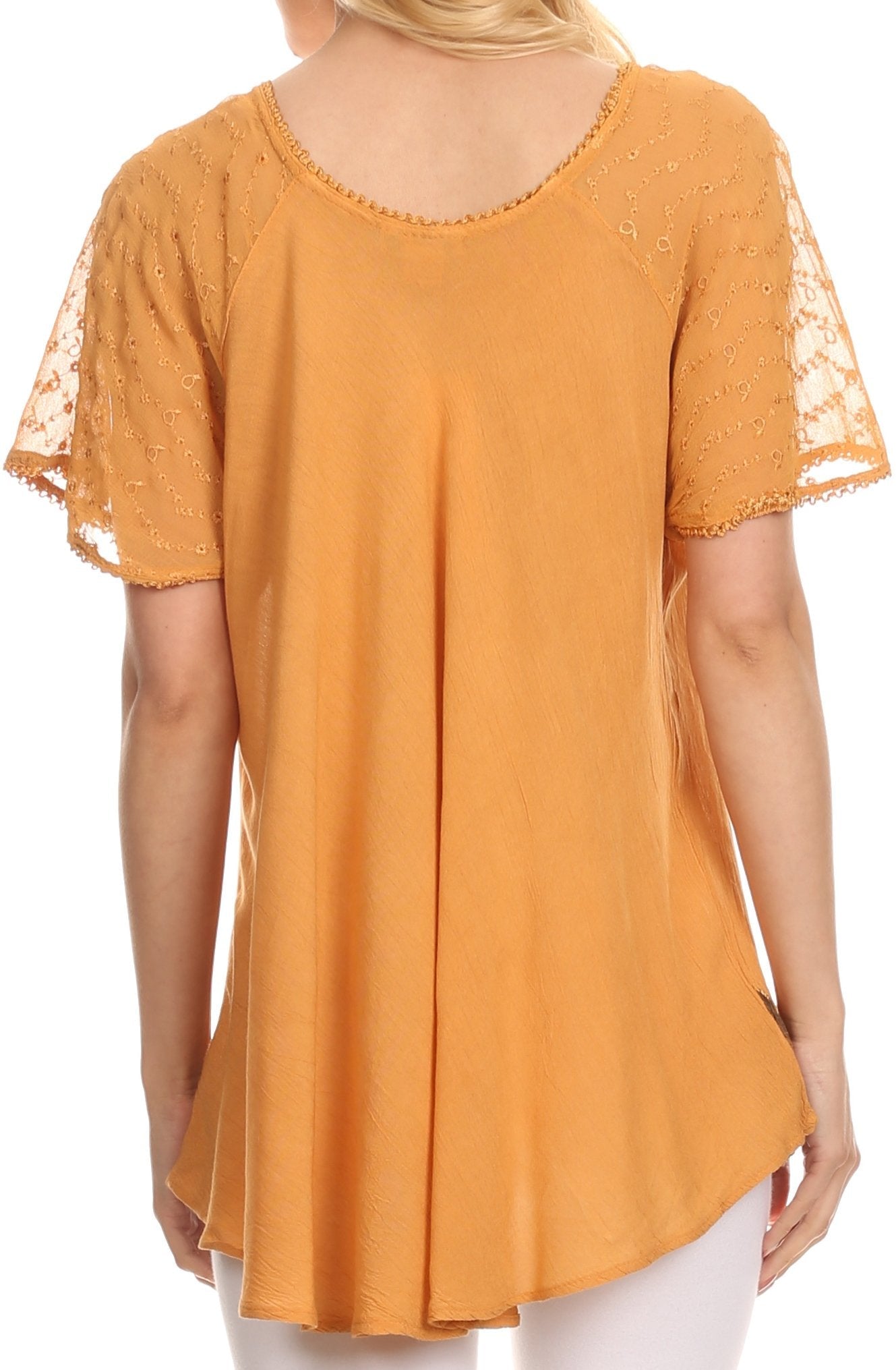 Sakkas - Albina Island Relaxed Fit Embroidery Cap Sleeves Blouse