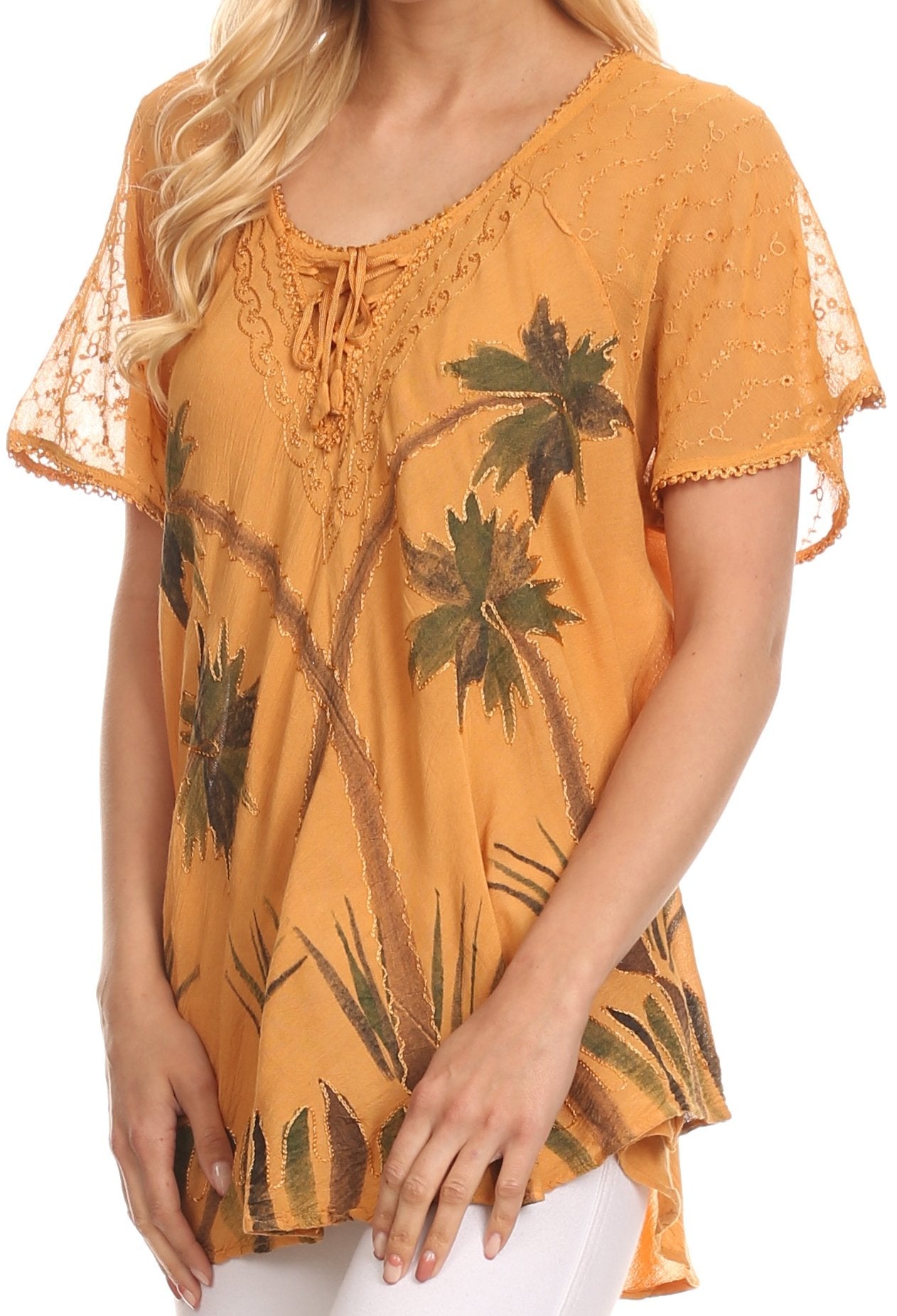 Sakkas - Albina Island Relaxed Fit Embroidery Cap Sleeves Blouse