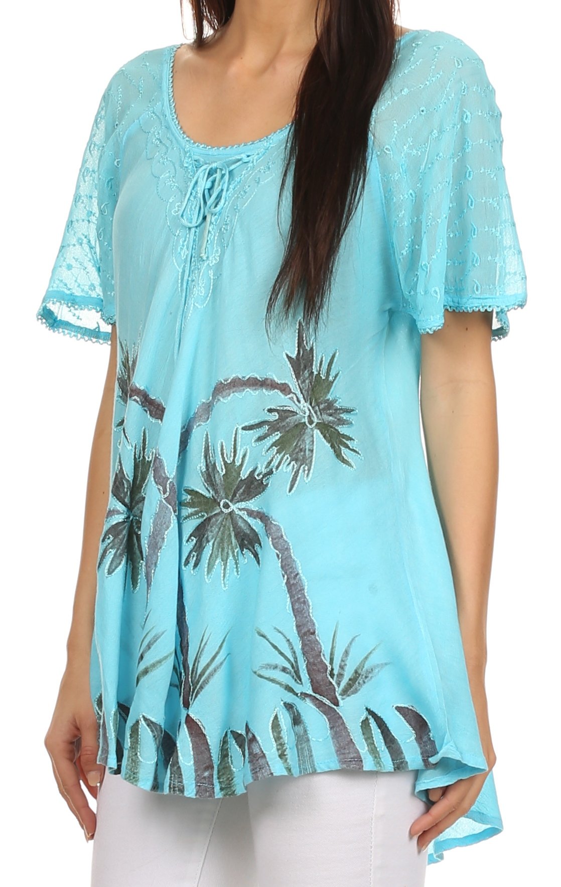 Sakkas - Albina Island Relaxed Fit Embroidery Cap Sleeves Blouse