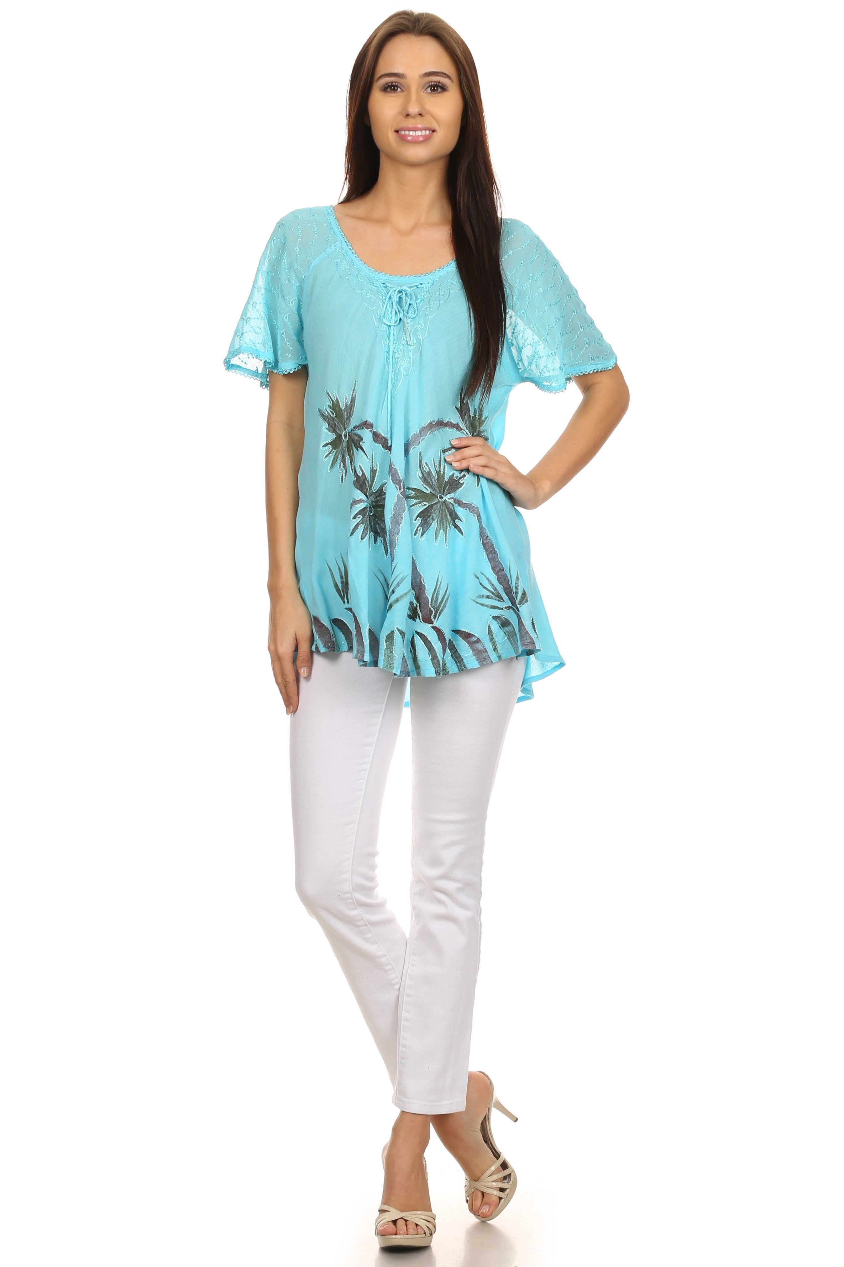 Sakkas - Albina Island Relaxed Fit Embroidery Cap Sleeves Blouse