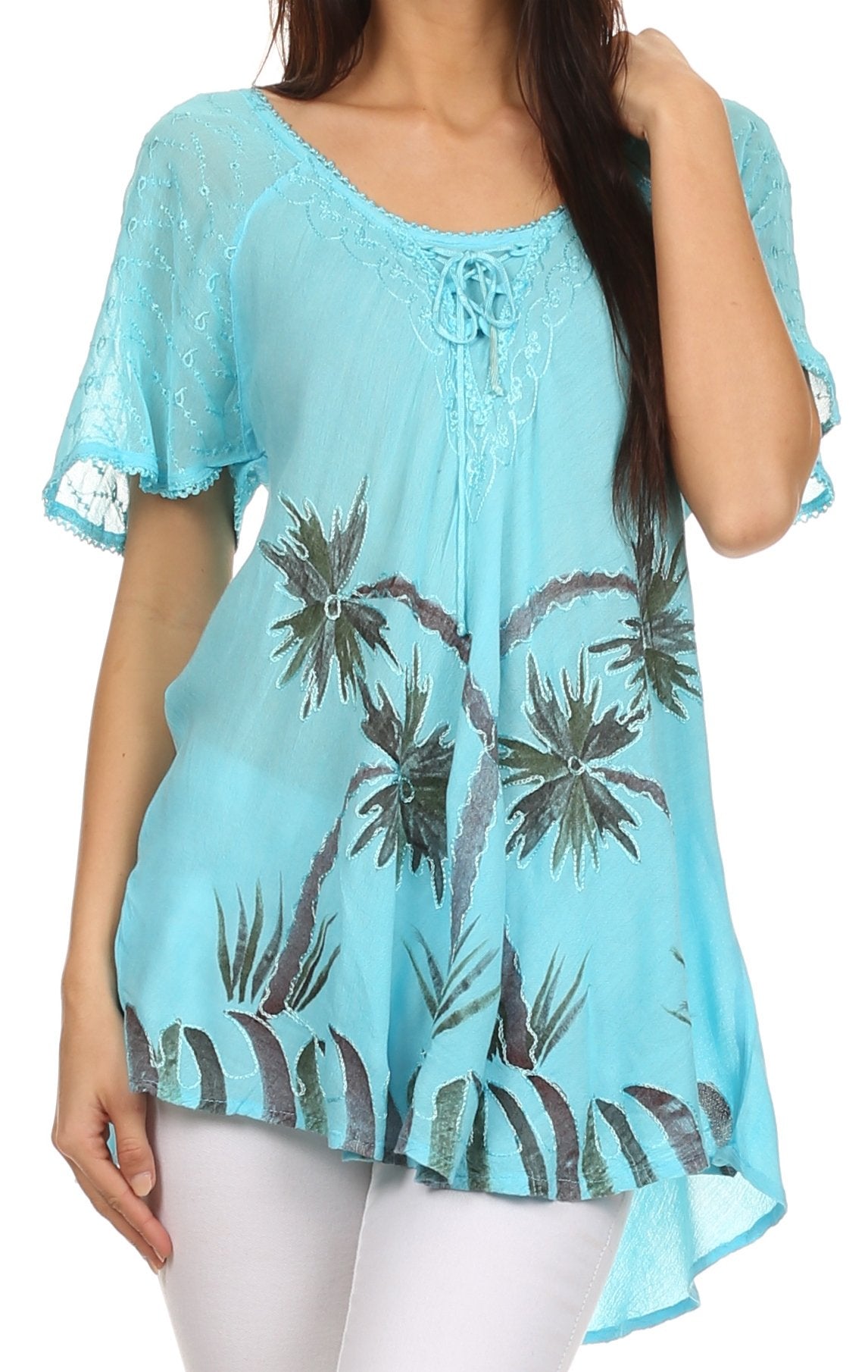 Sakkas - Albina Island Relaxed Fit Embroidery Cap Sleeves Blouse