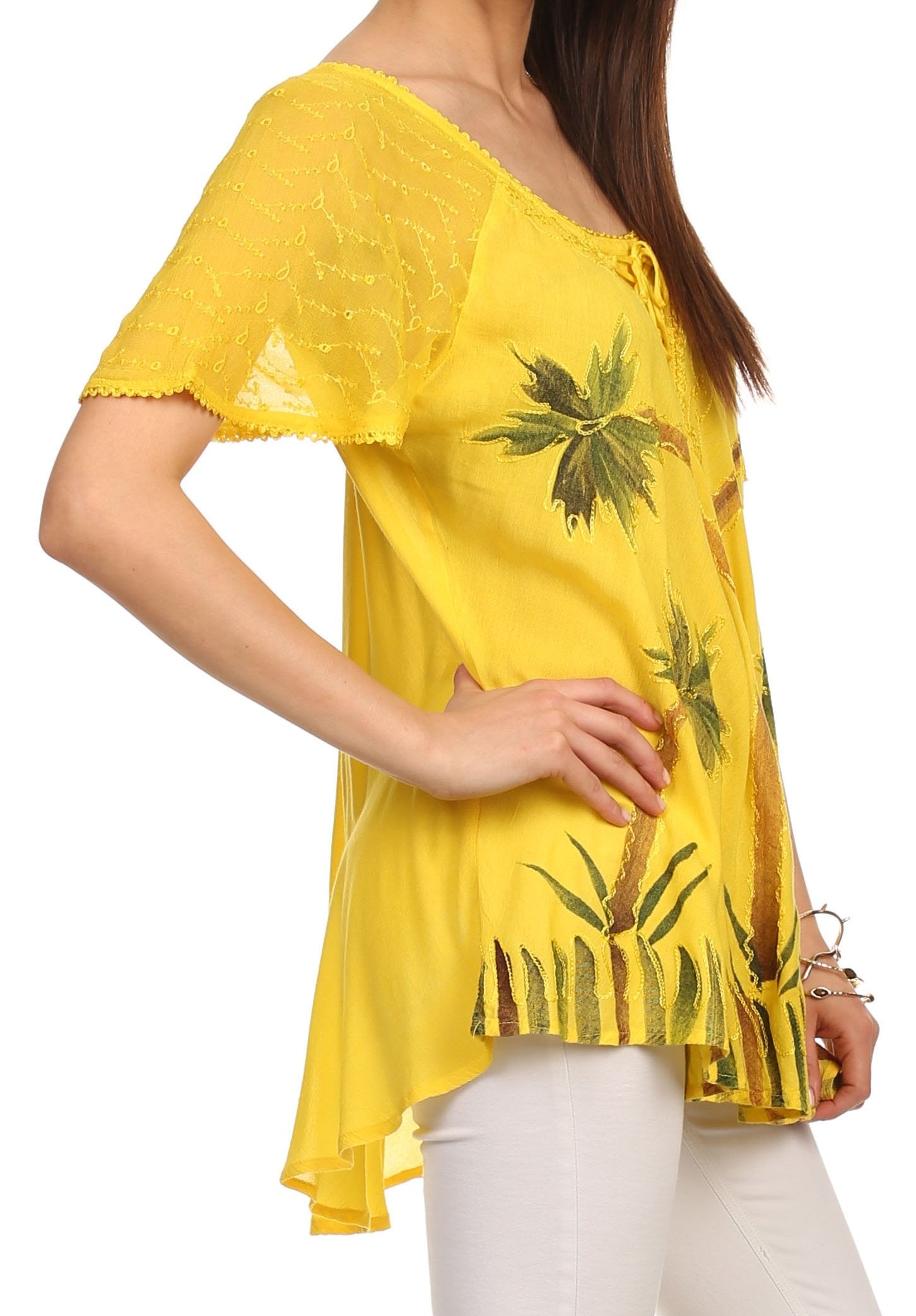 Sakkas - Albina Island Relaxed Fit Embroidery Cap Sleeves Blouse