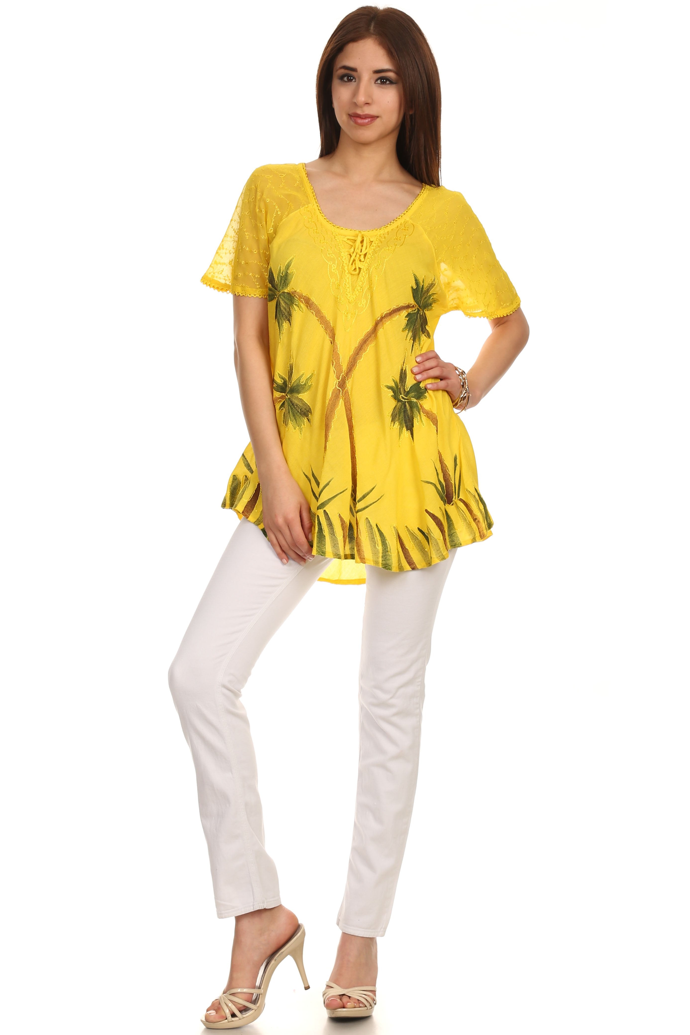 Sakkas - Albina Island Relaxed Fit Embroidery Cap Sleeves Blouse