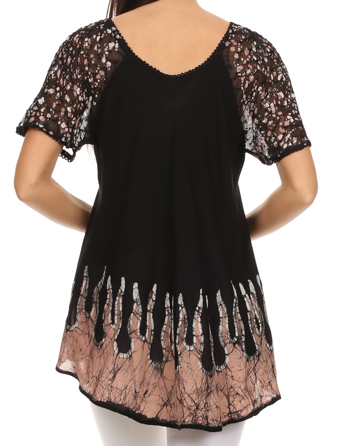 Black lace top with sheer sleeves and hem on a white background