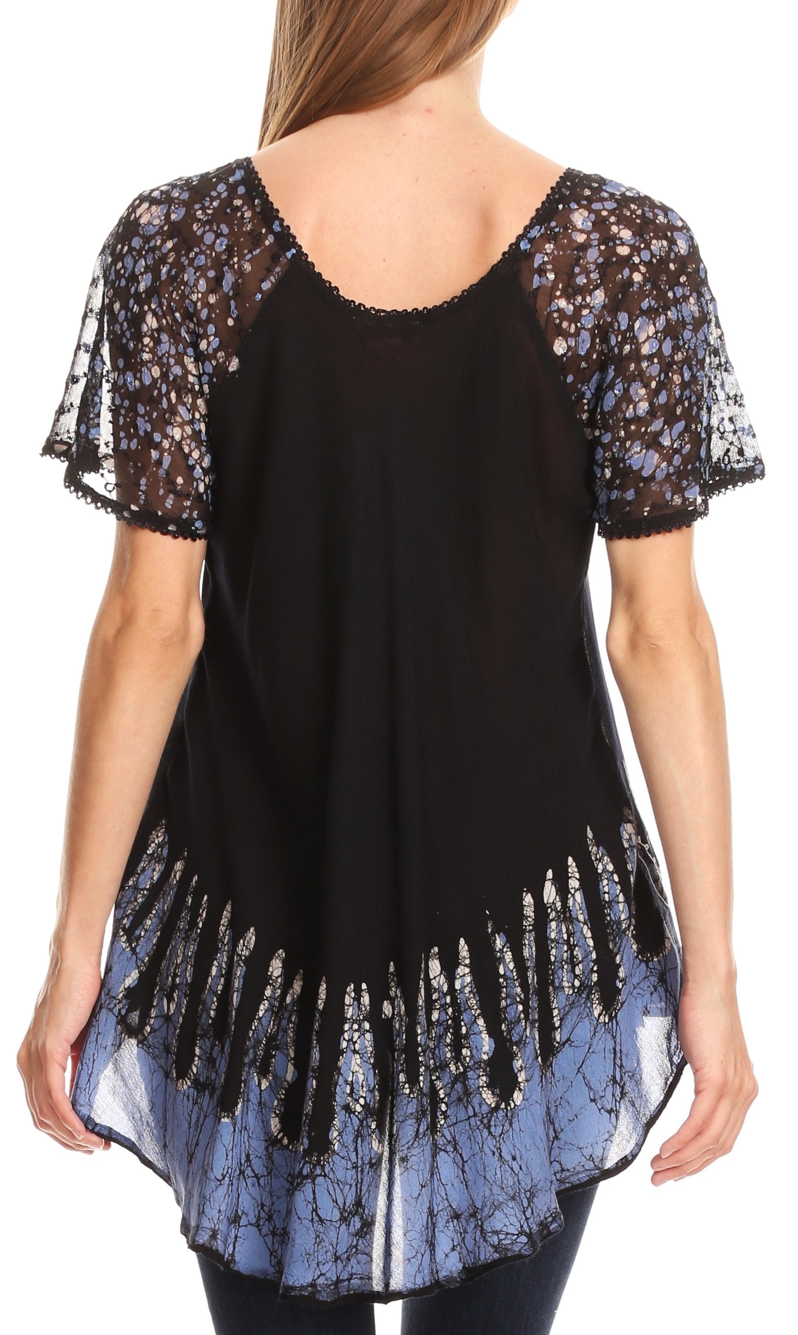 Sakkas - Cora Relaxed Fit Batik Design Embroidery Cap Sleeves Blouse / Top