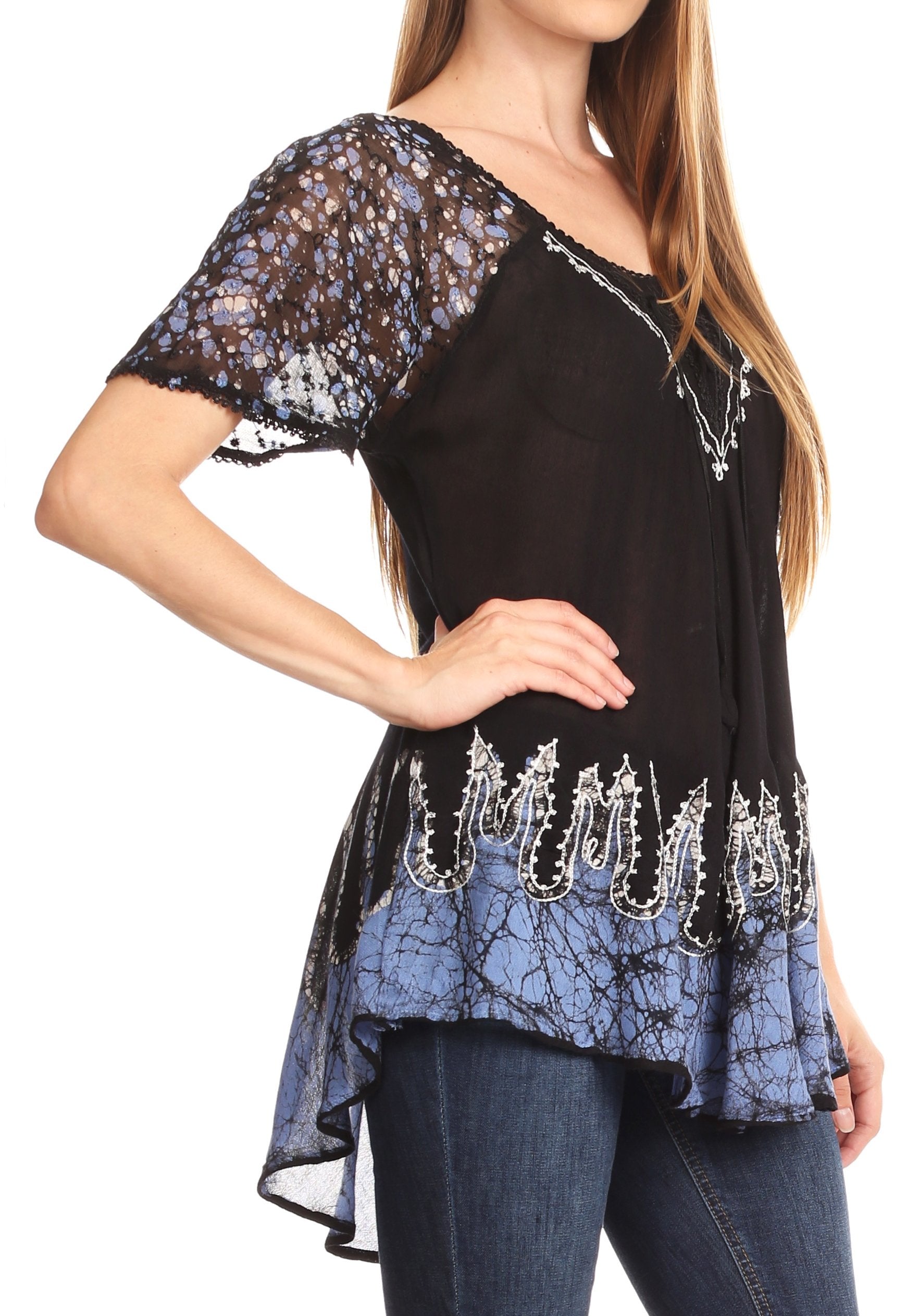 Sakkas - Cora Relaxed Fit Batik Design Embroidery Cap Sleeves Blouse / Top