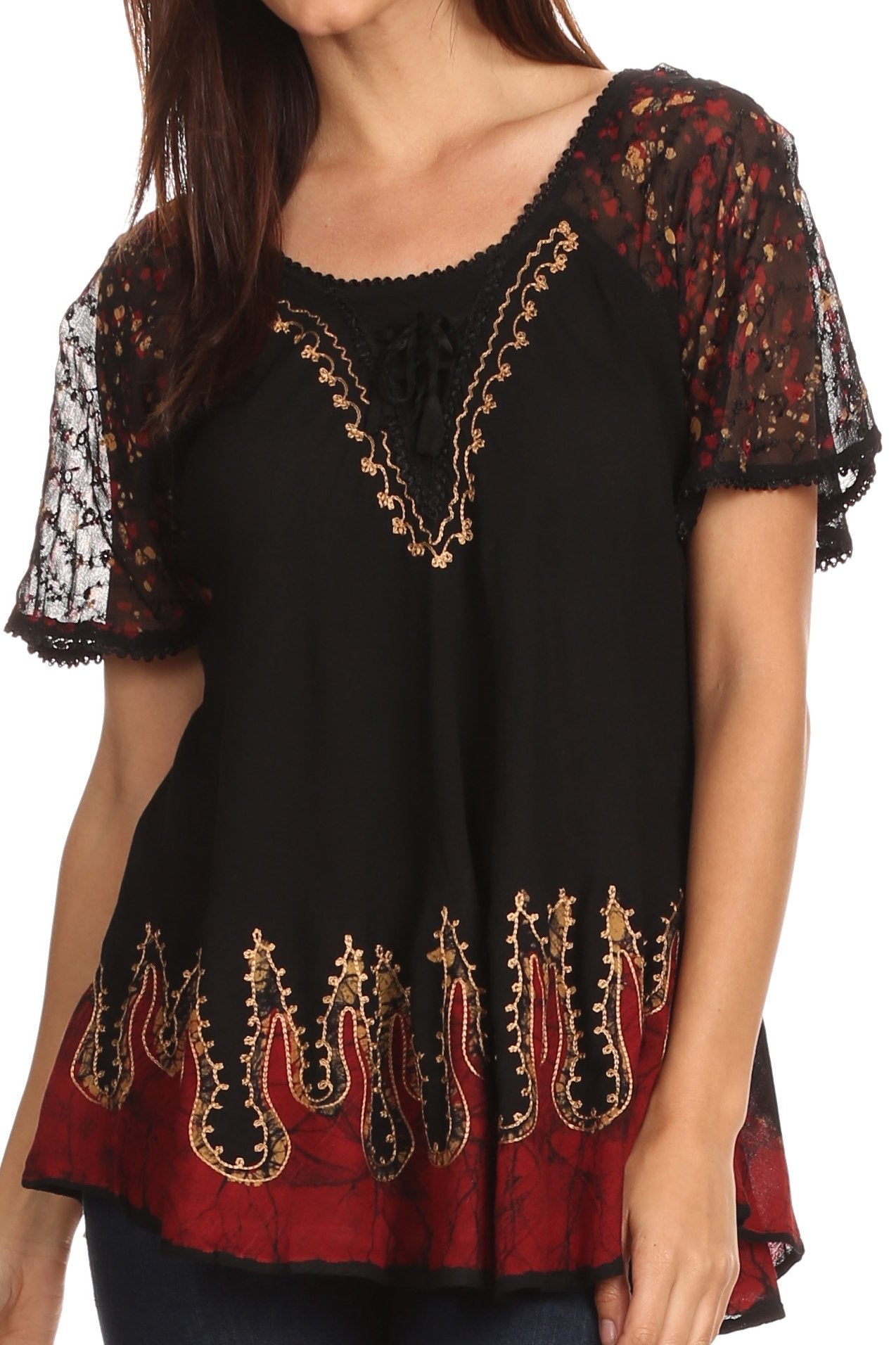 Black and red embroidered top with sheer sleeves on a white background