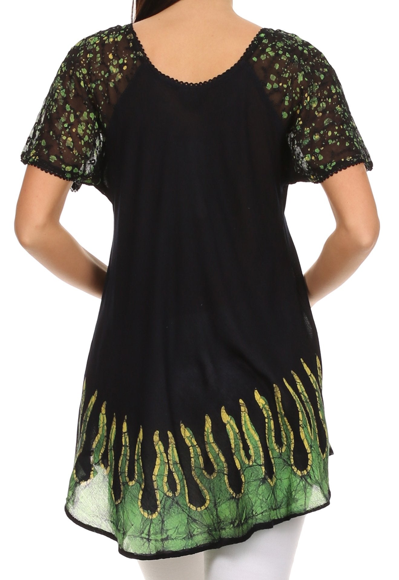 Black tunic with green and brown patterned sleeves and hem on a white background