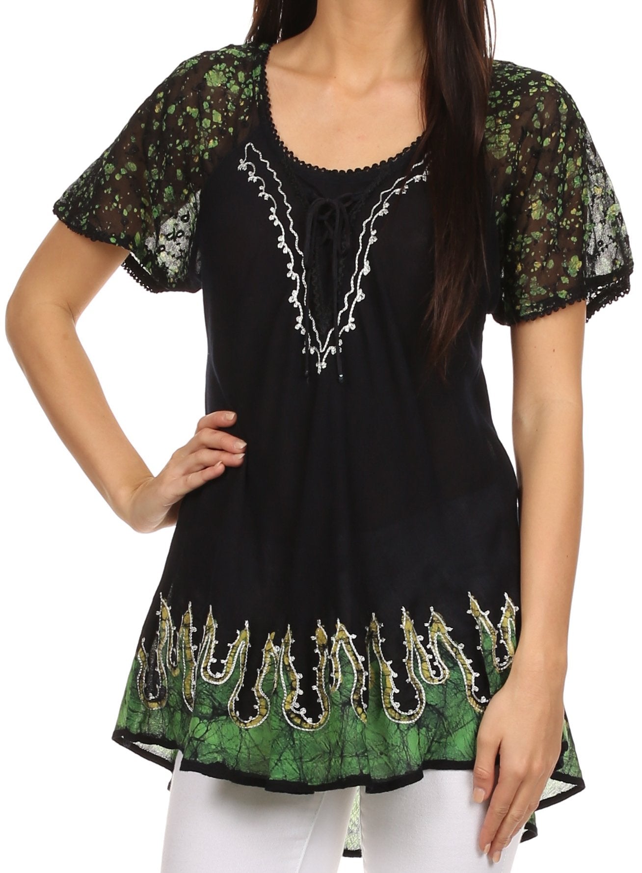Black and green embroidered top worn by a model on a white background