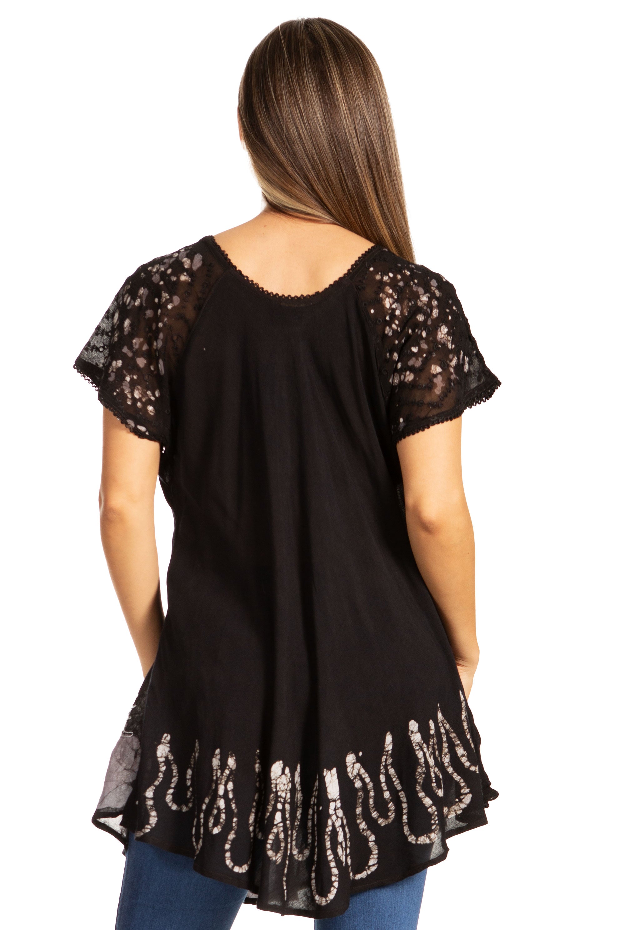 Sakkas - Cora Relaxed Fit Batik Design Embroidery Cap Sleeves Blouse / Top