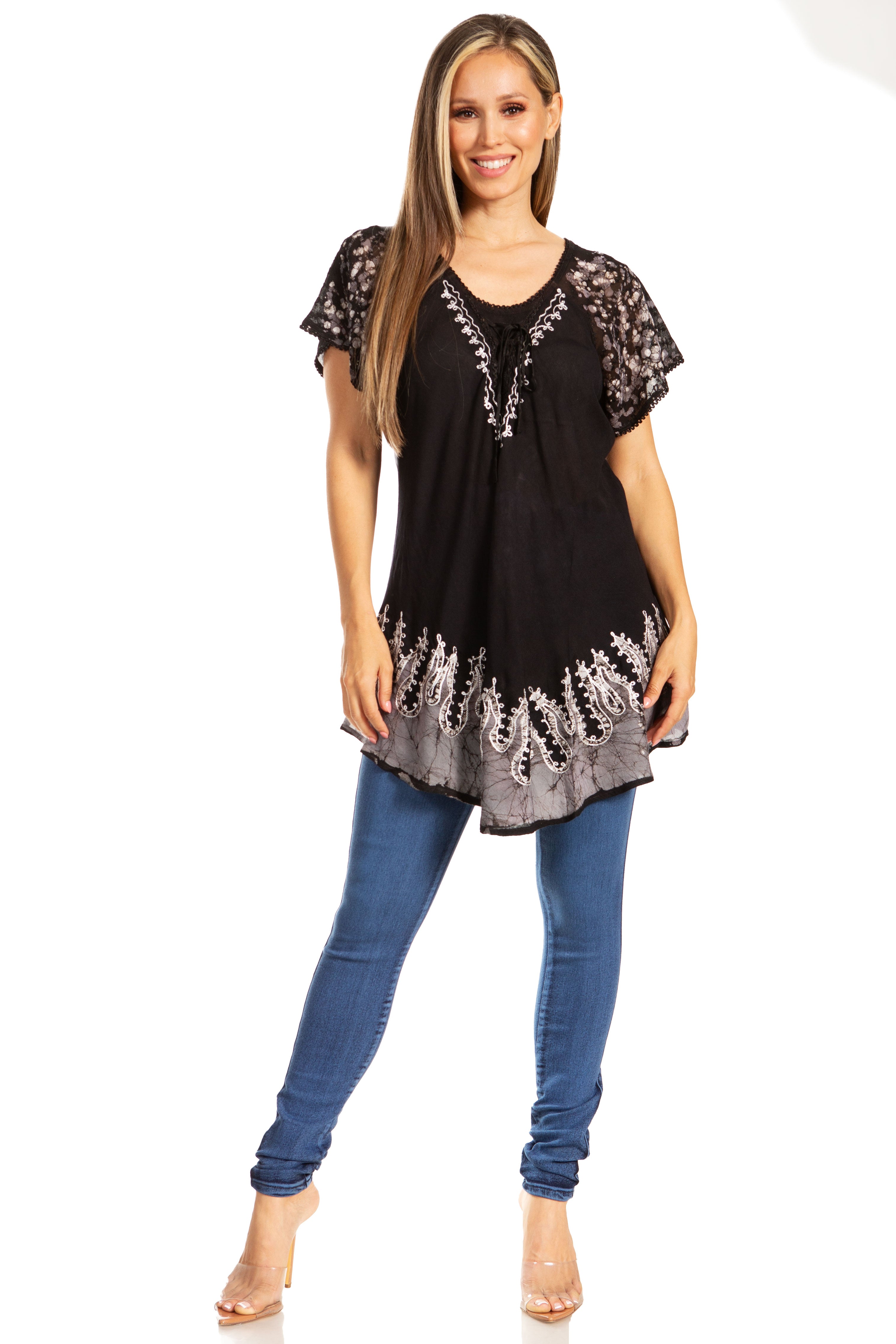 Sakkas - Cora Relaxed Fit Batik Design Embroidery Cap Sleeves Blouse / Top