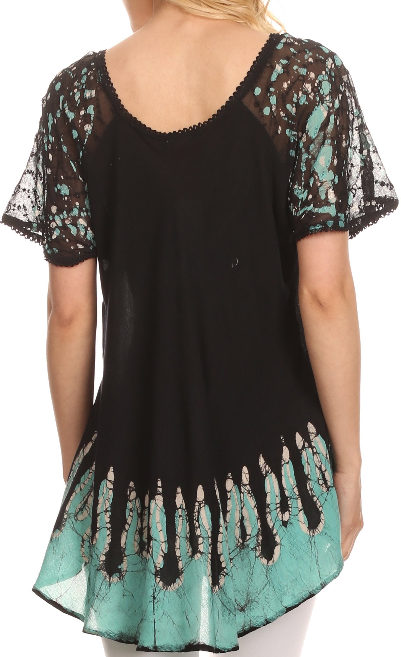 Sakkas - Cora Relaxed Fit Batik Design Embroidery Cap Sleeves Blouse / Top