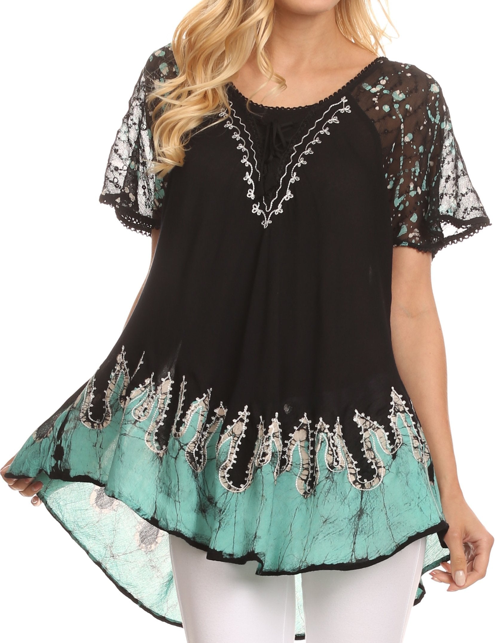 Sakkas - Cora Relaxed Fit Batik Design Embroidery Cap Sleeves Blouse / Top