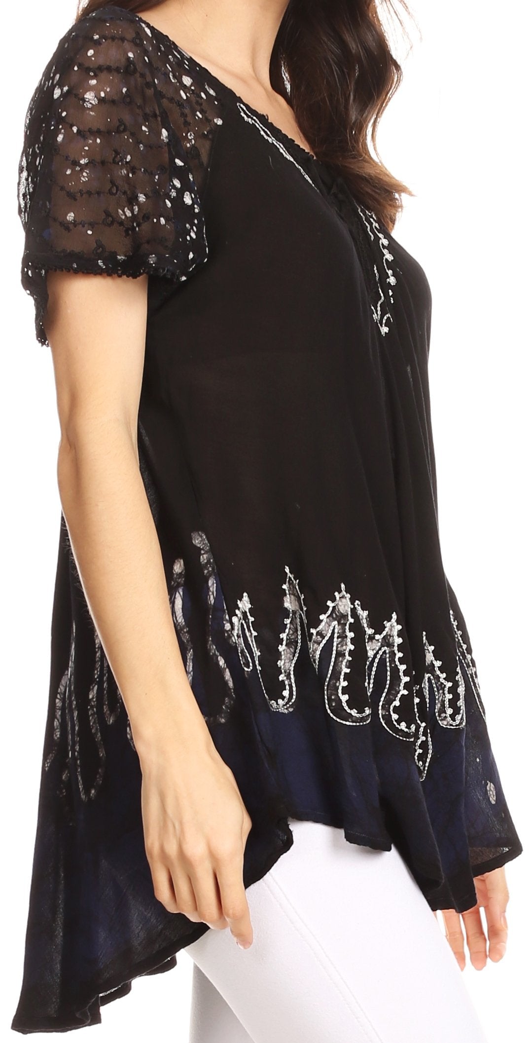 Sakkas - Cora Relaxed Fit Batik Design Embroidery Cap Sleeves Blouse / Top