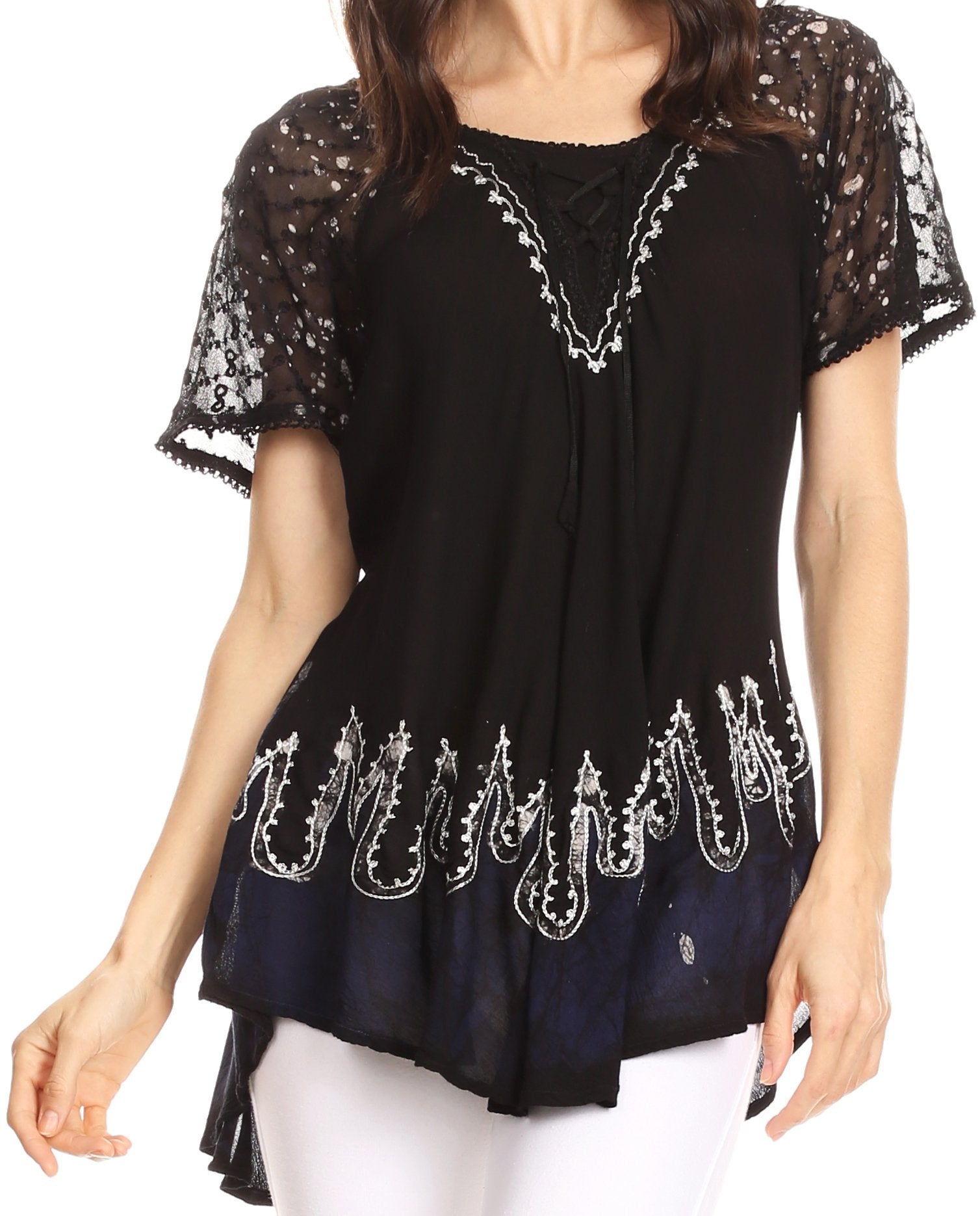 Sakkas - Cora Relaxed Fit Batik Design Embroidery Cap Sleeves Blouse / Top