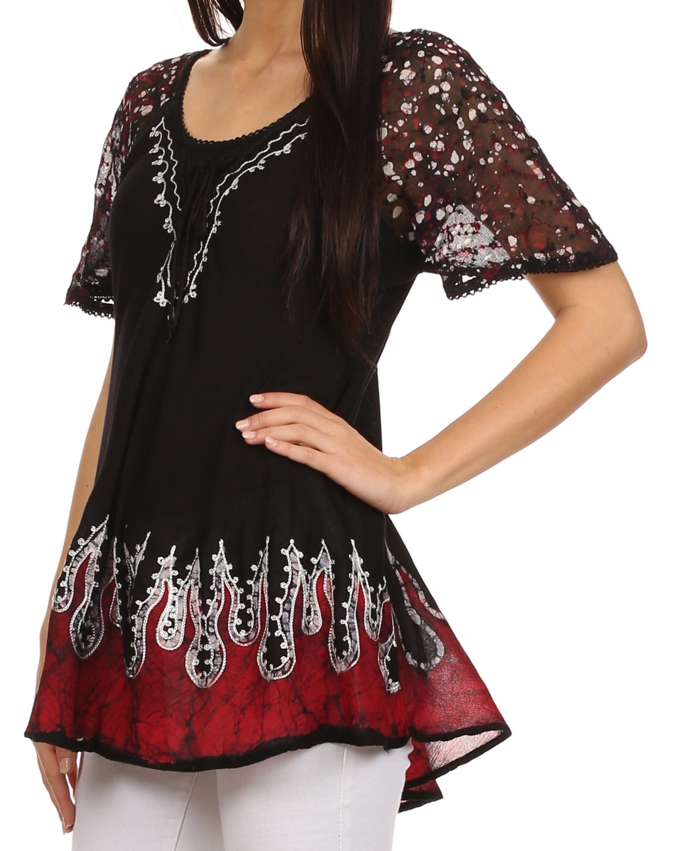 Sakkas - Cora Relaxed Fit Batik Design Embroidery Cap Sleeves Blouse / Top