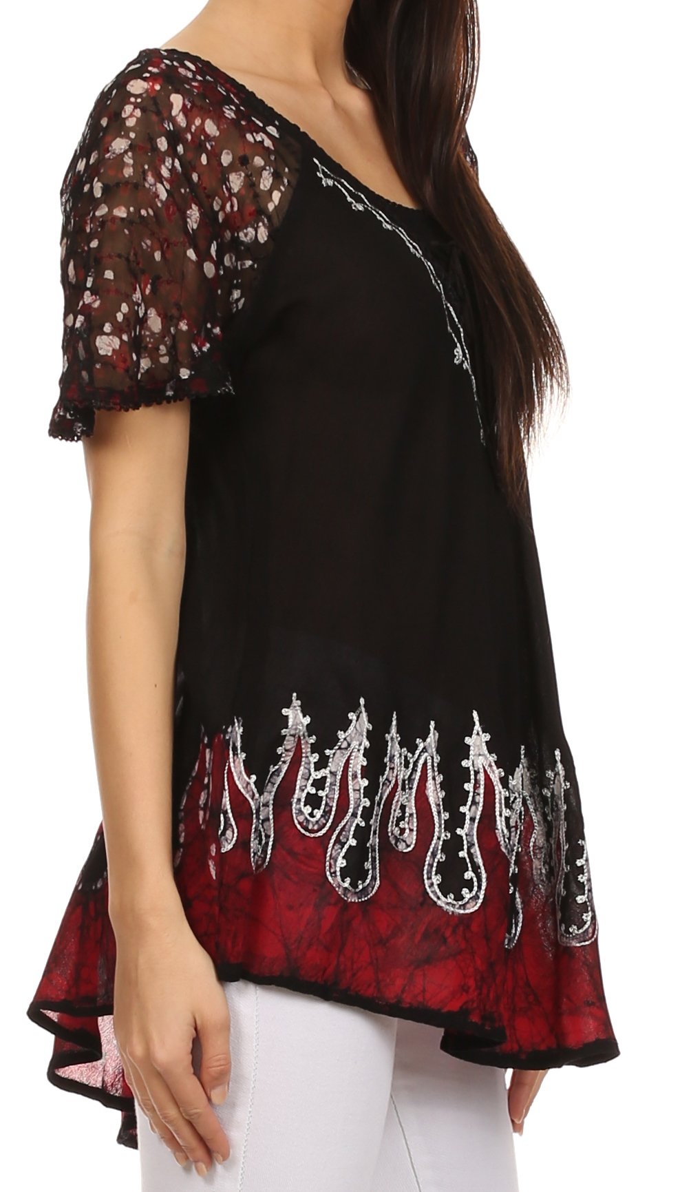 Sakkas - Cora Relaxed Fit Batik Design Embroidery Cap Sleeves Blouse / Top