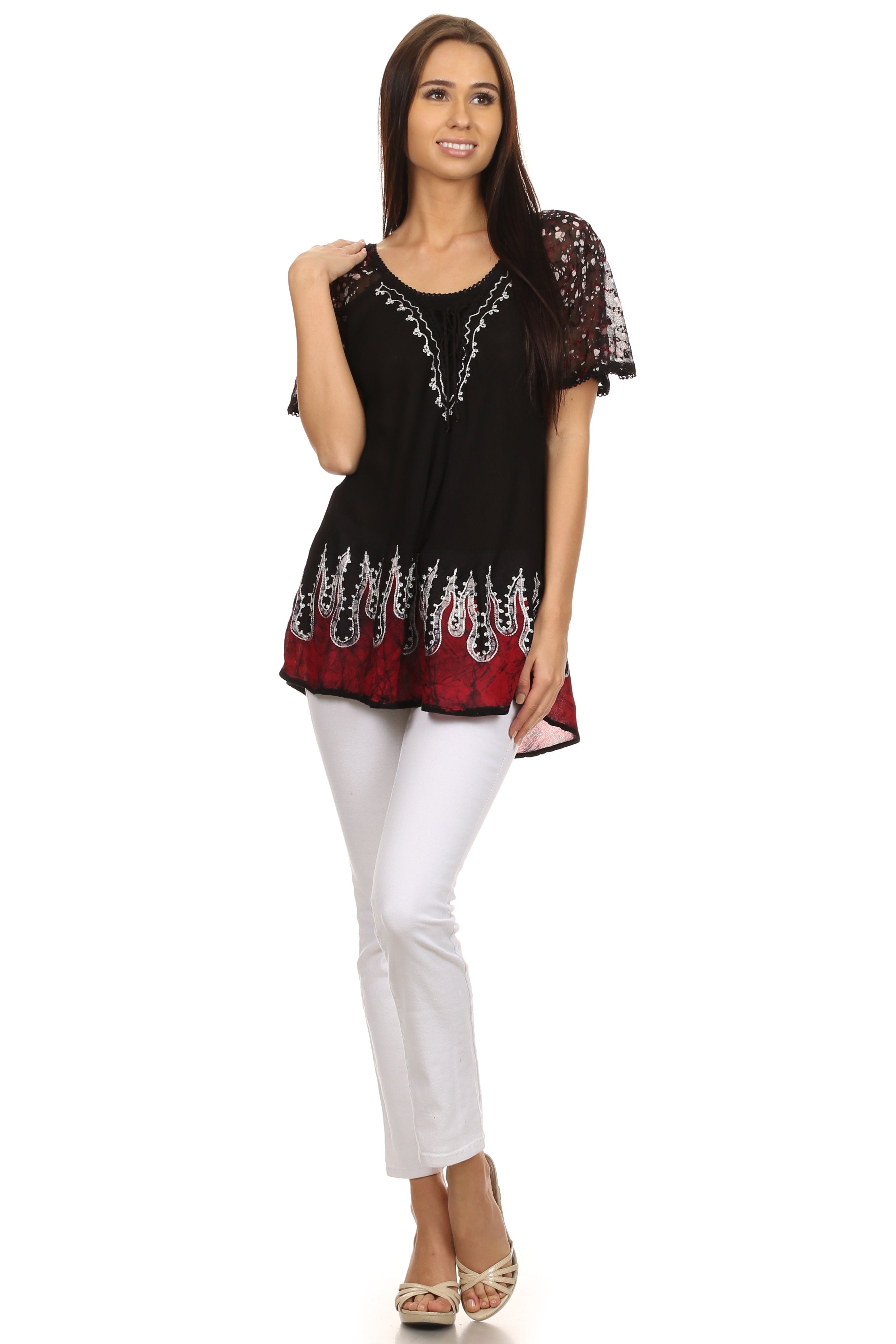 Sakkas - Cora Relaxed Fit Batik Design Embroidery Cap Sleeves Blouse / Top
