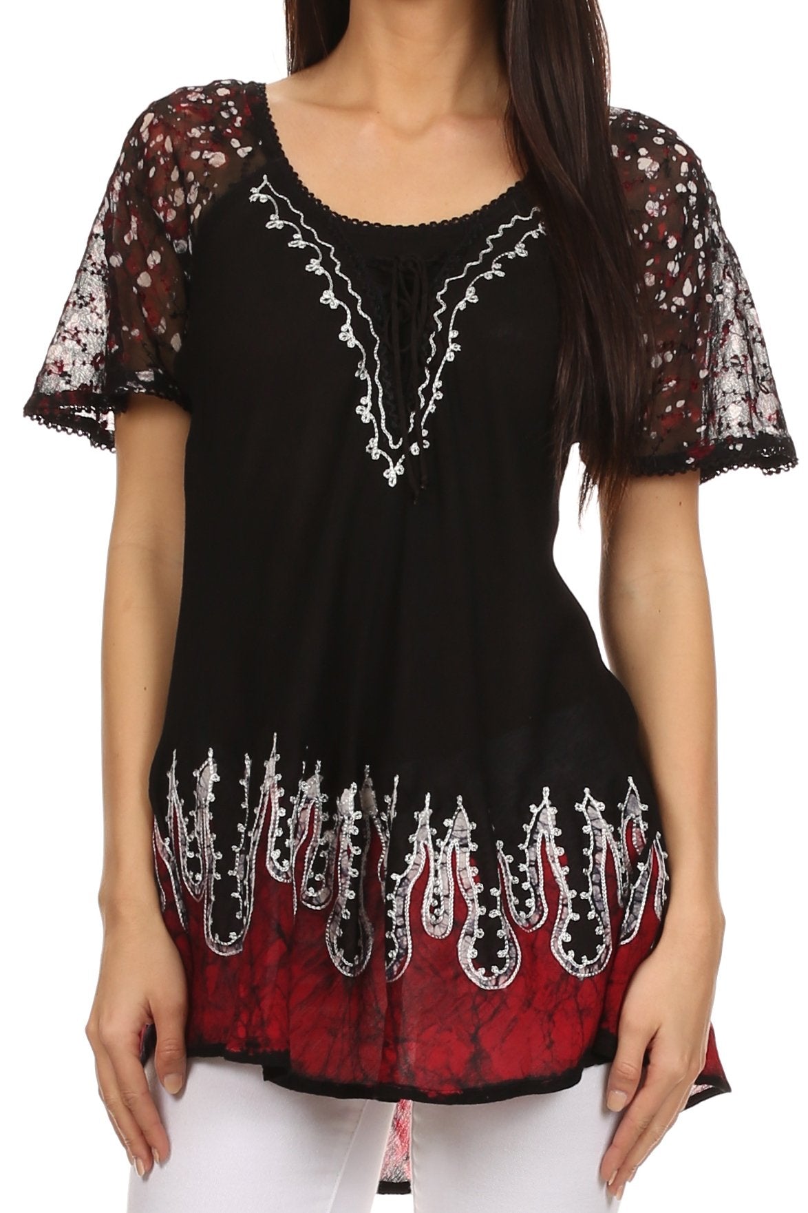 Sakkas - Cora Relaxed Fit Batik Design Embroidery Cap Sleeves Blouse / Top