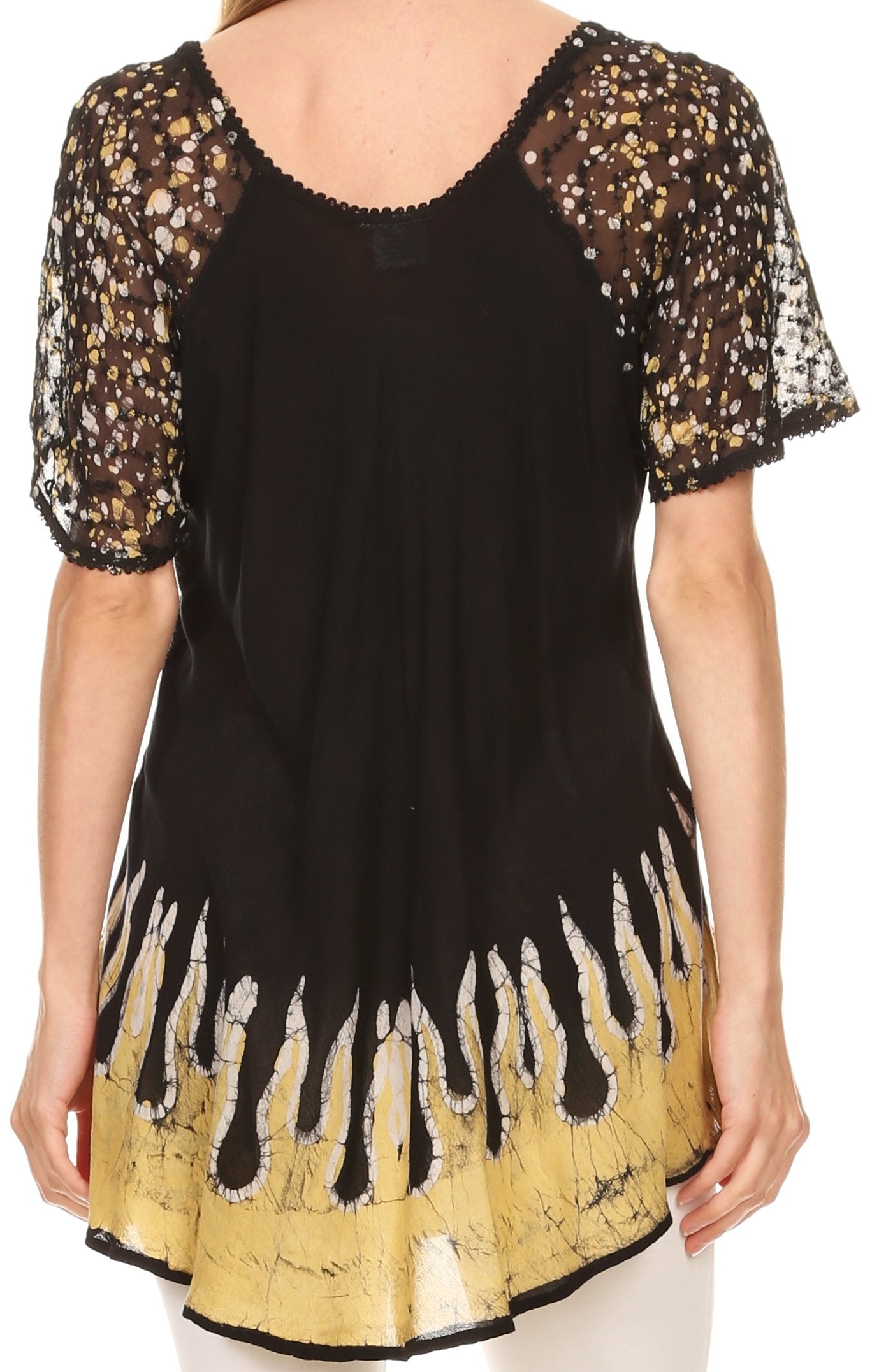 Sakkas - Cora Relaxed Fit Batik Design Embroidery Cap Sleeves Blouse / Top