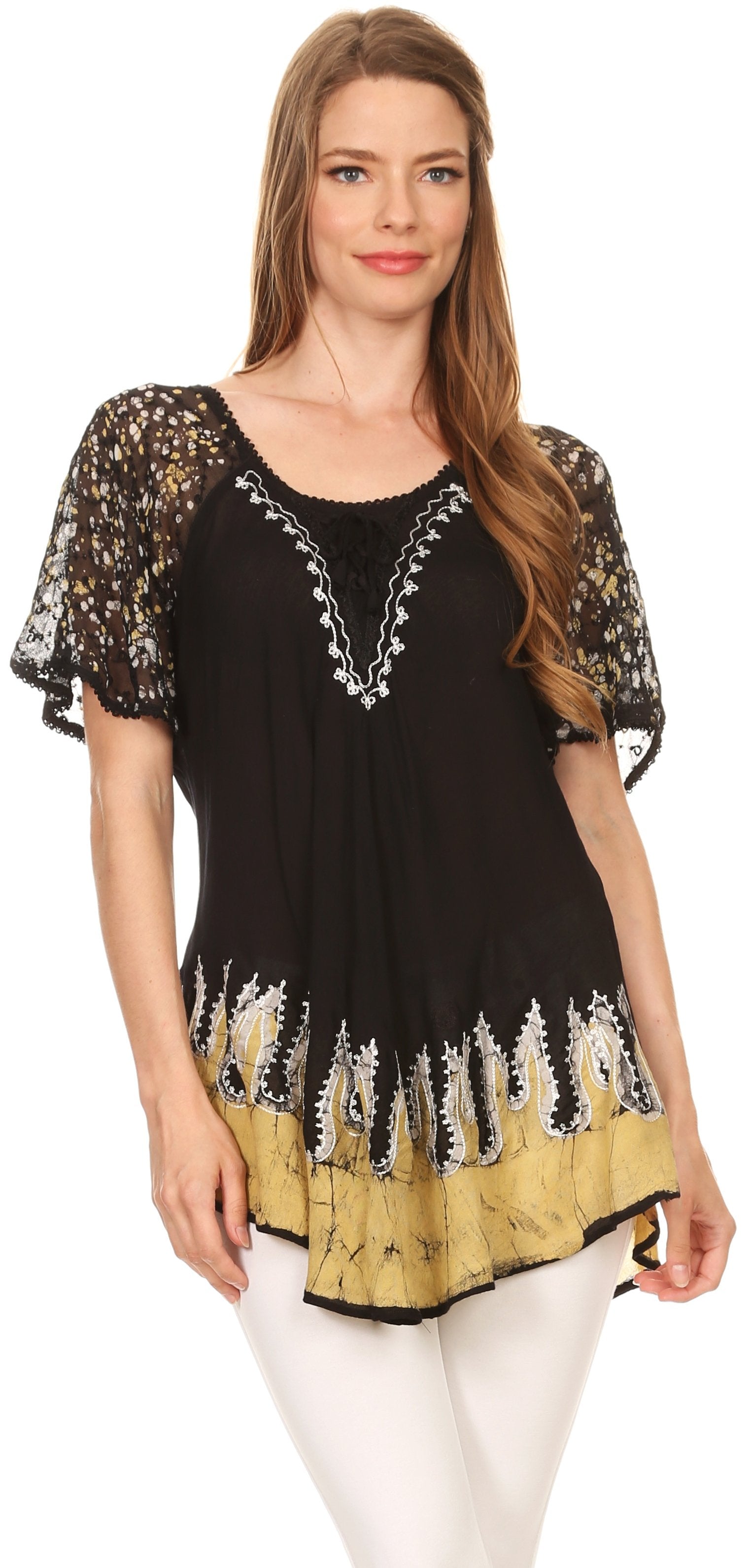 Sakkas - Cora Relaxed Fit Batik Design Embroidery Cap Sleeves Blouse / Top