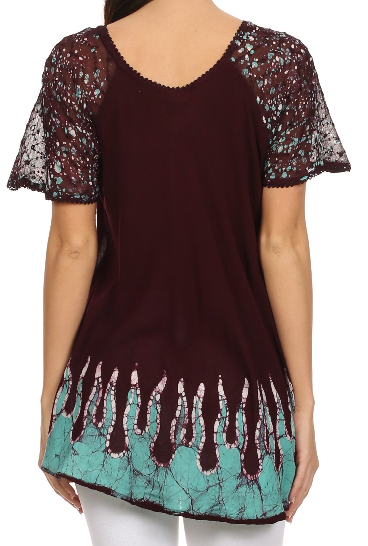 Sakkas - Cora Relaxed Fit Batik Design Embroidery Cap Sleeves Blouse / Top