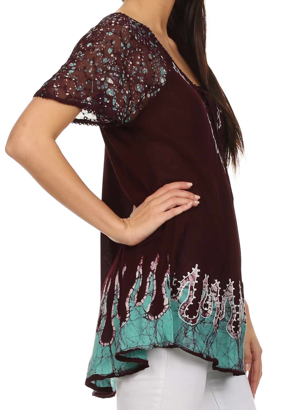 Sakkas - Cora Relaxed Fit Batik Design Embroidery Cap Sleeves Blouse / Top