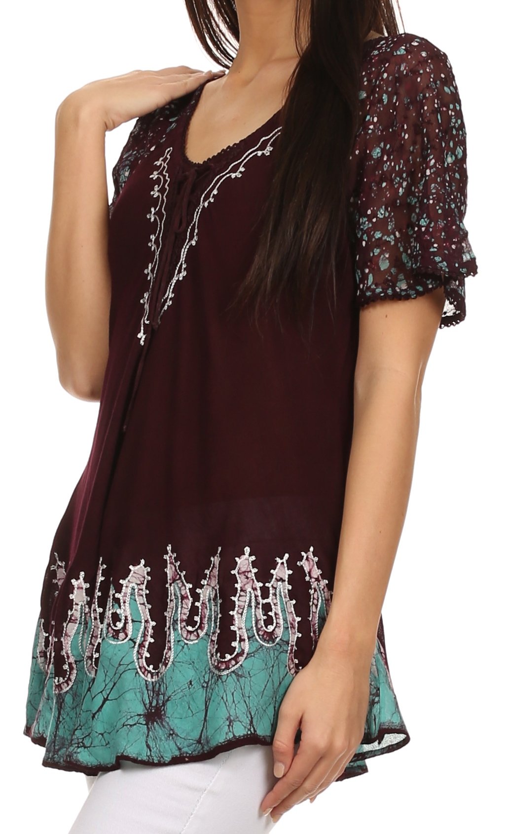 Sakkas - Cora Relaxed Fit Batik Design Embroidery Cap Sleeves Blouse / Top