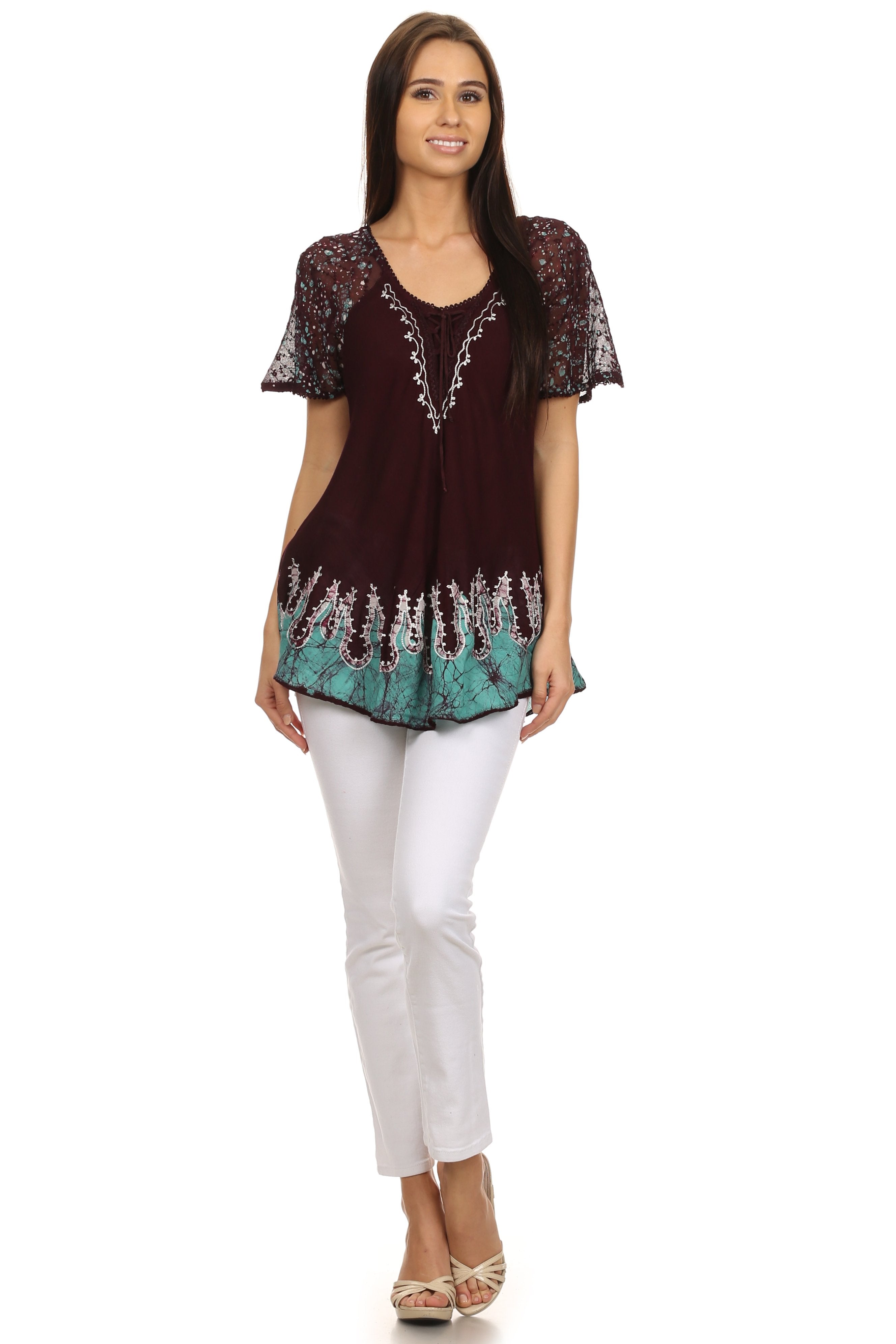 Sakkas - Cora Relaxed Fit Batik Design Embroidery Cap Sleeves Blouse / Top