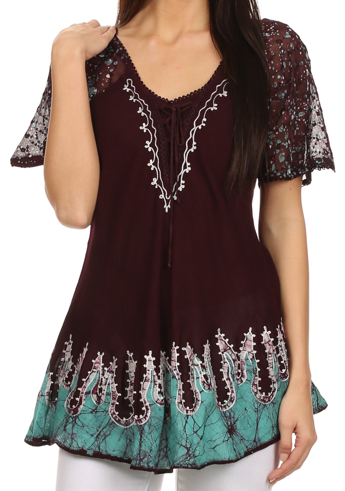 Sakkas - Cora Relaxed Fit Batik Design Embroidery Cap Sleeves Blouse / Top