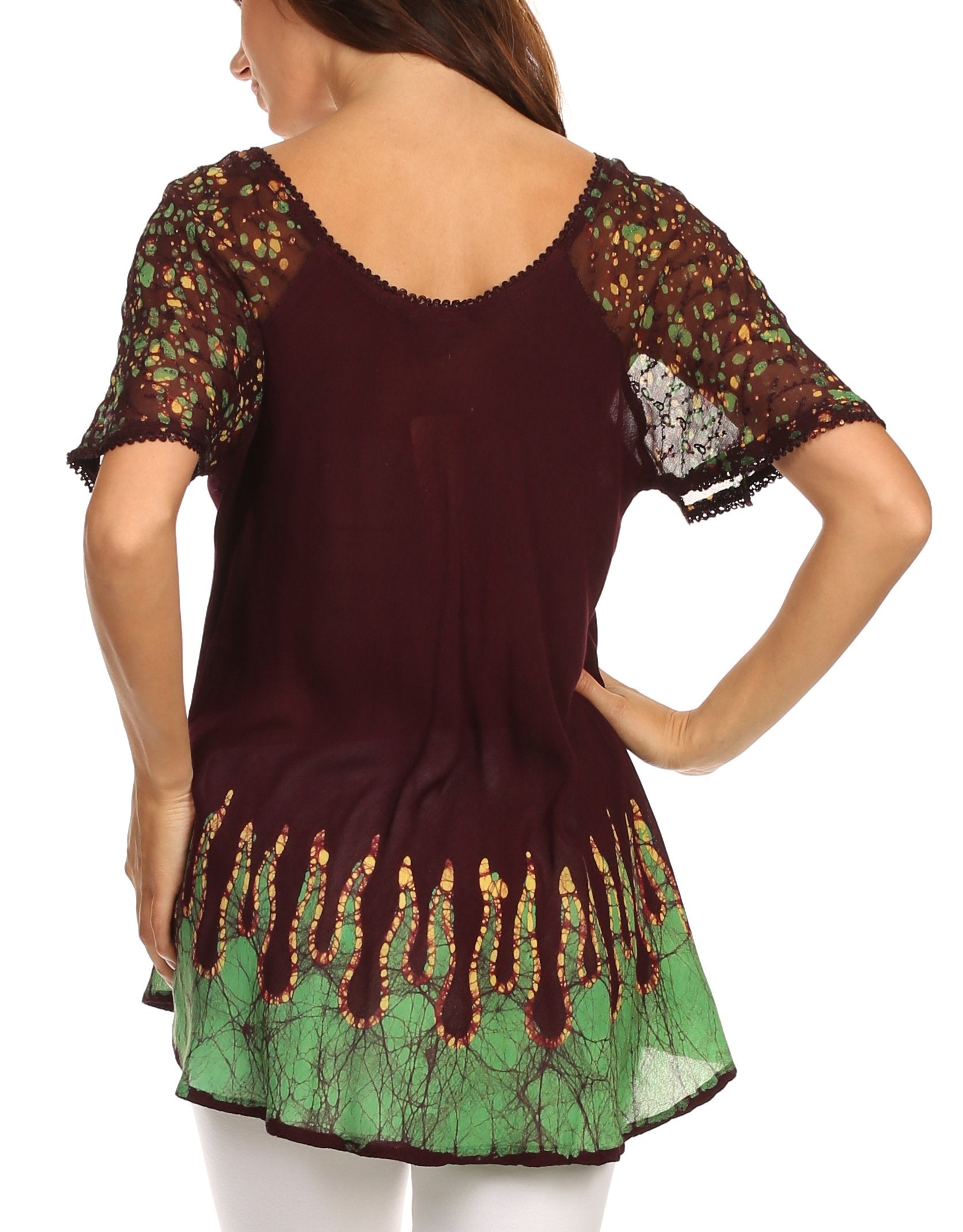 Sakkas - Cora Relaxed Fit Batik Design Embroidery Cap Sleeves Blouse / Top