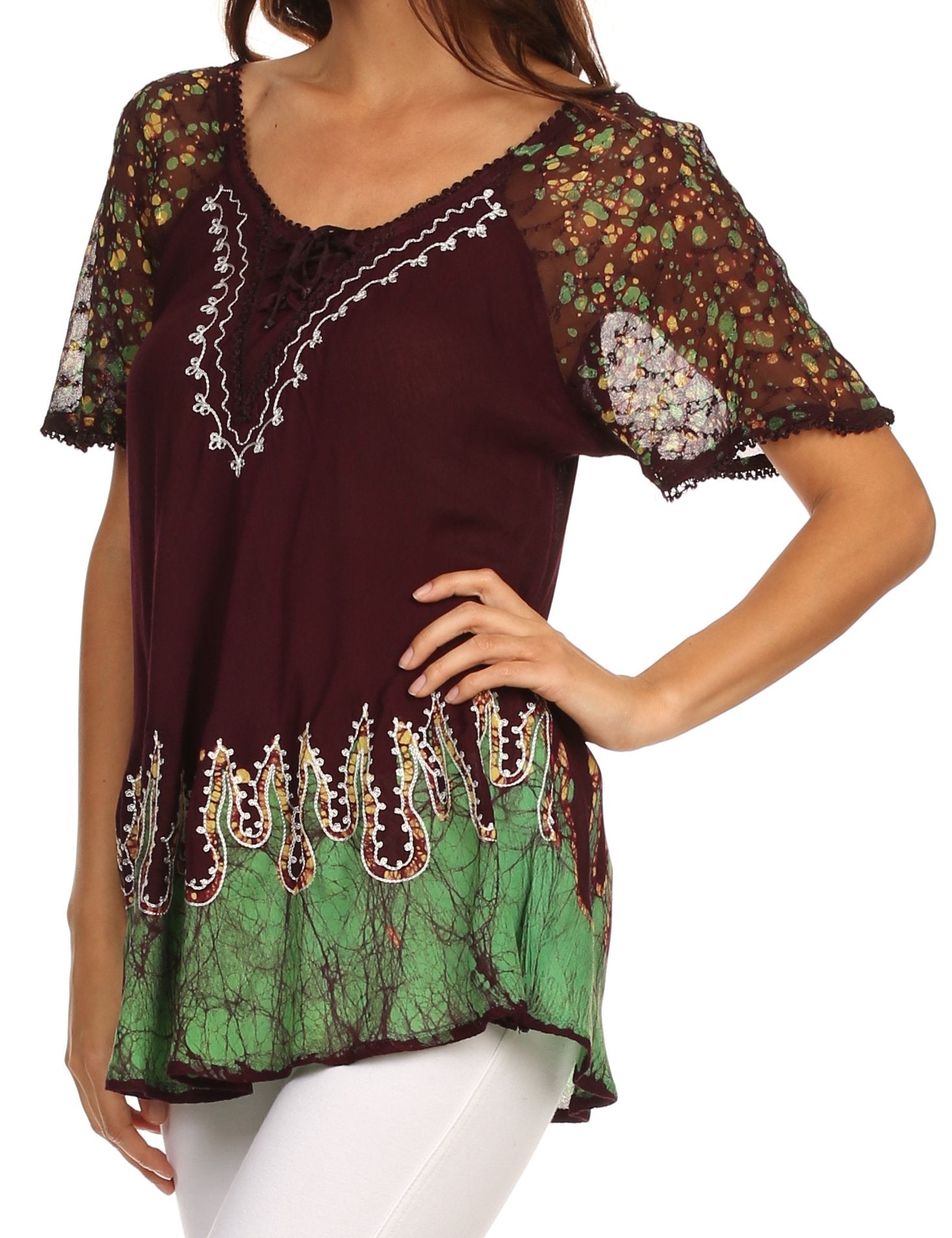 Sakkas - Cora Relaxed Fit Batik Design Embroidery Cap Sleeves Blouse / Top